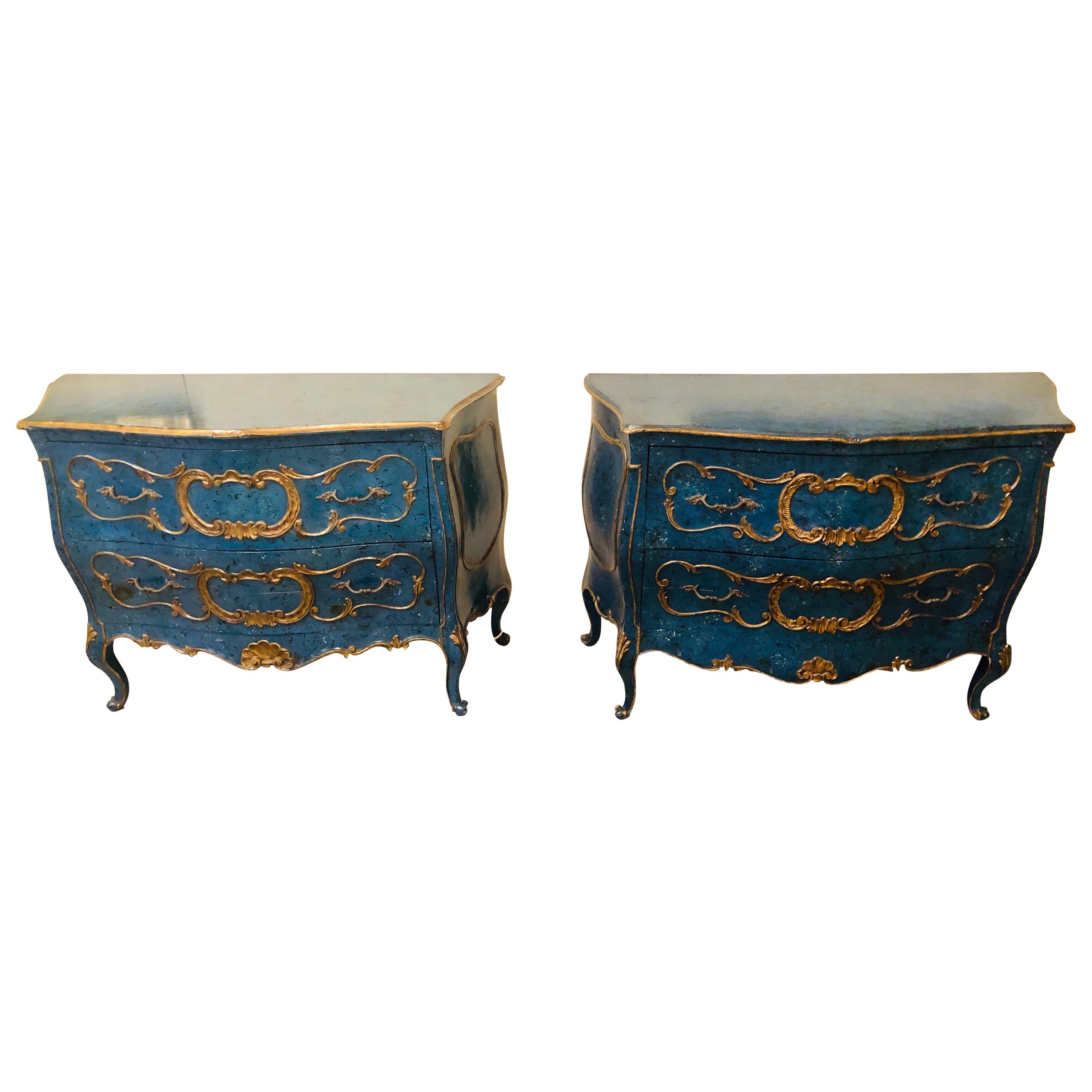 Pair of Royal Blue and Parcel-Gilt Decorated Bombay Commodes or Chests