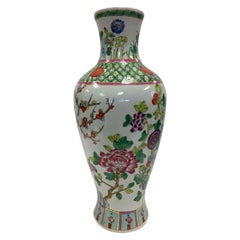 Chinese Asian Baluster Form Porcelain Hand Painted Vase with Flowers and Vine