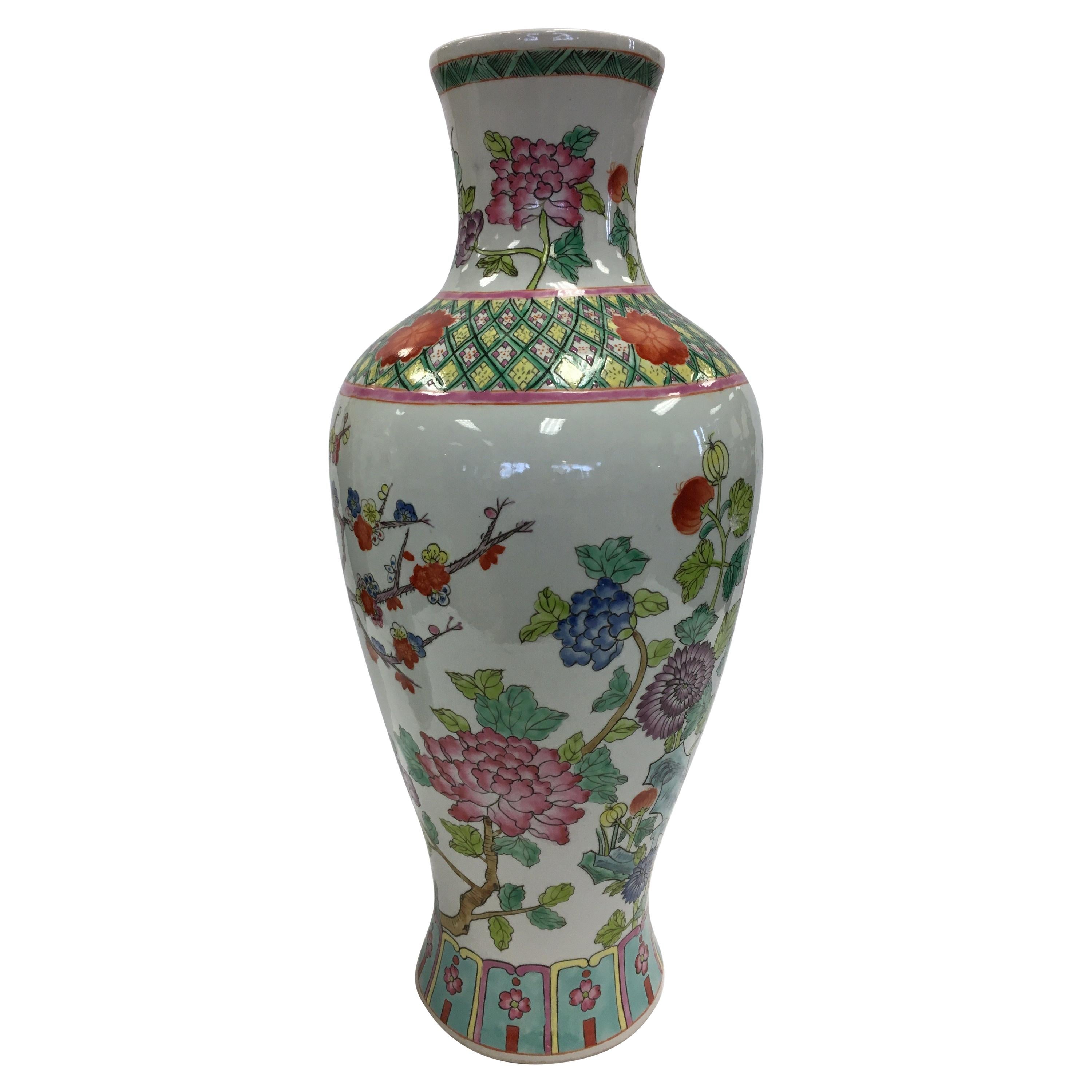 Chinese Asian Baluster Form Porcelain Vase with Intricate Painted Flowers & Vine
