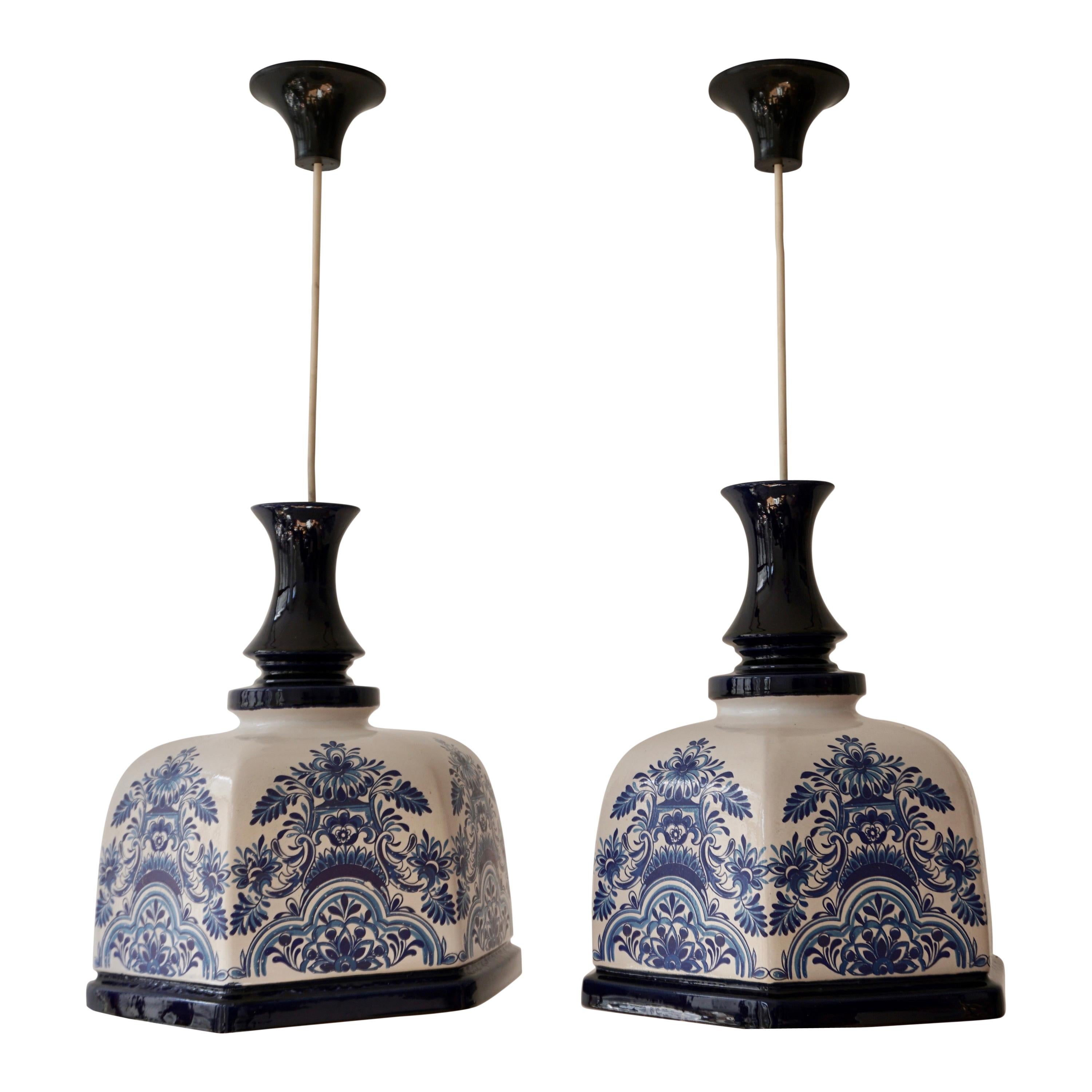 Pair of Italian Hollywood Regency Ceramic Floral Pendant Lights