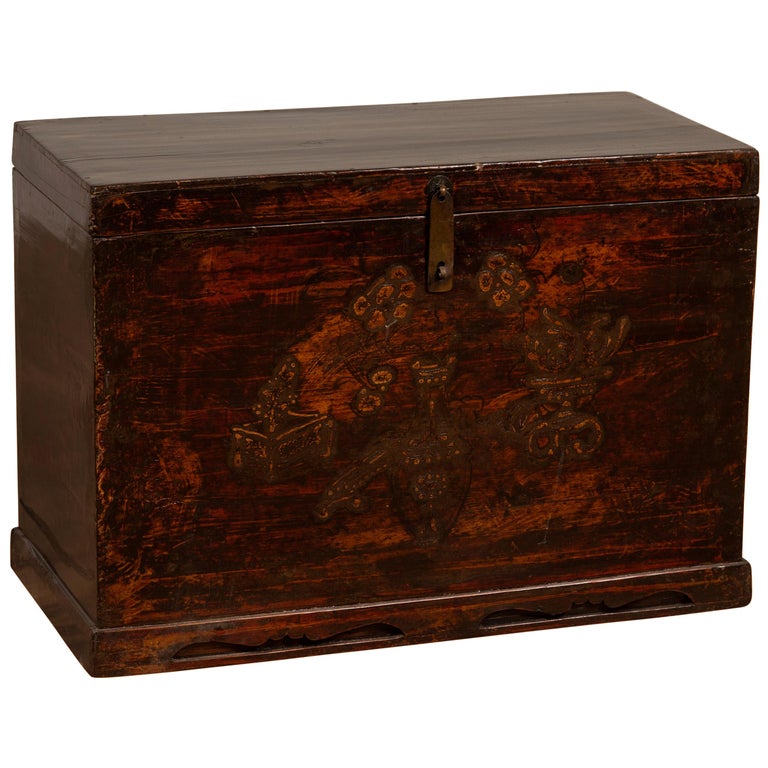 Chinese Antique Wooden Blanket Chest with Raised Decor and Polychrome