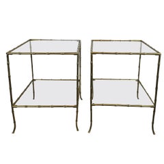 Pair of Side Tables, Gold Metal Faux Bamboo Frames with Glass, Mid-20th Century