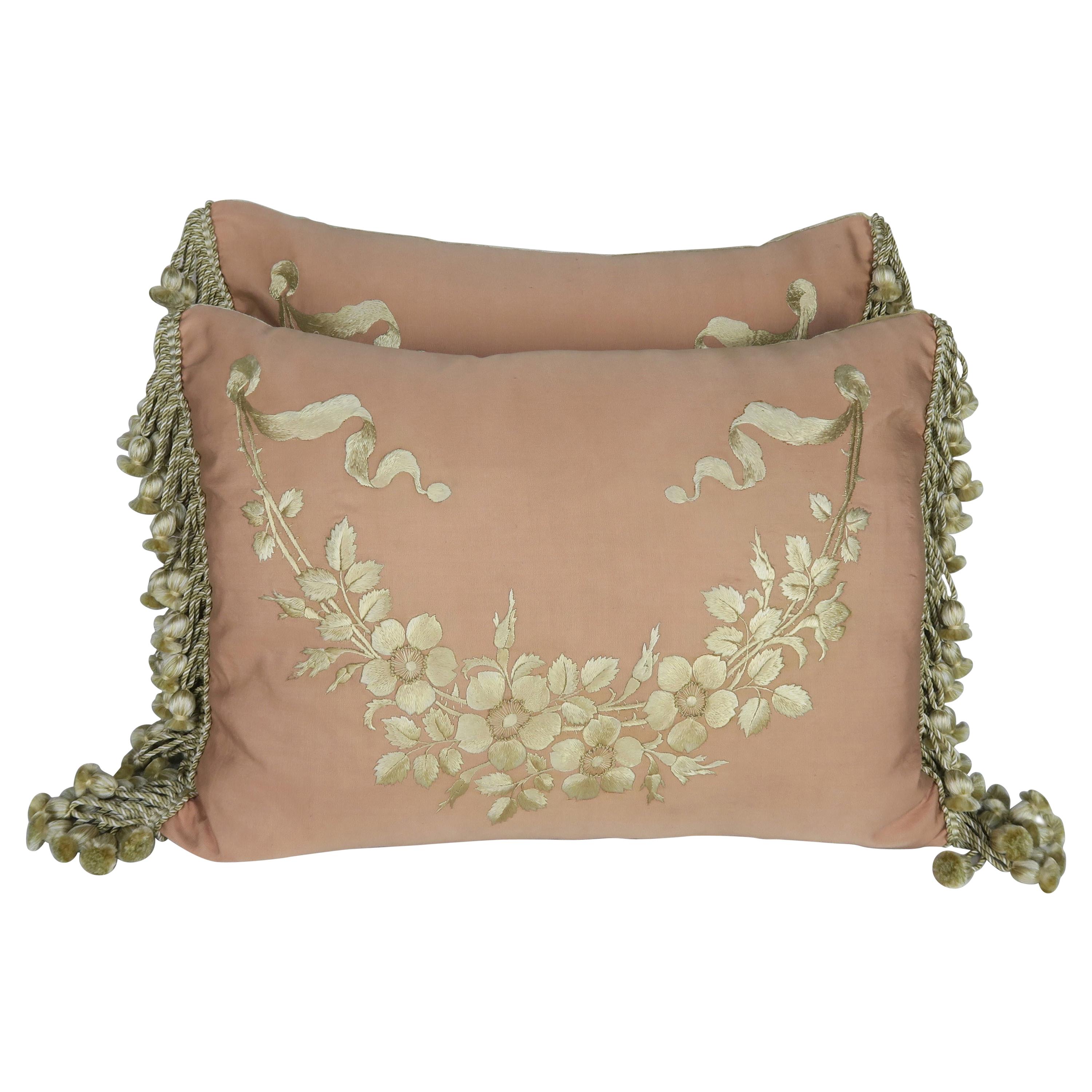 Custom Embroidered Antique Silk Floral Pillows by Melissa Levinson