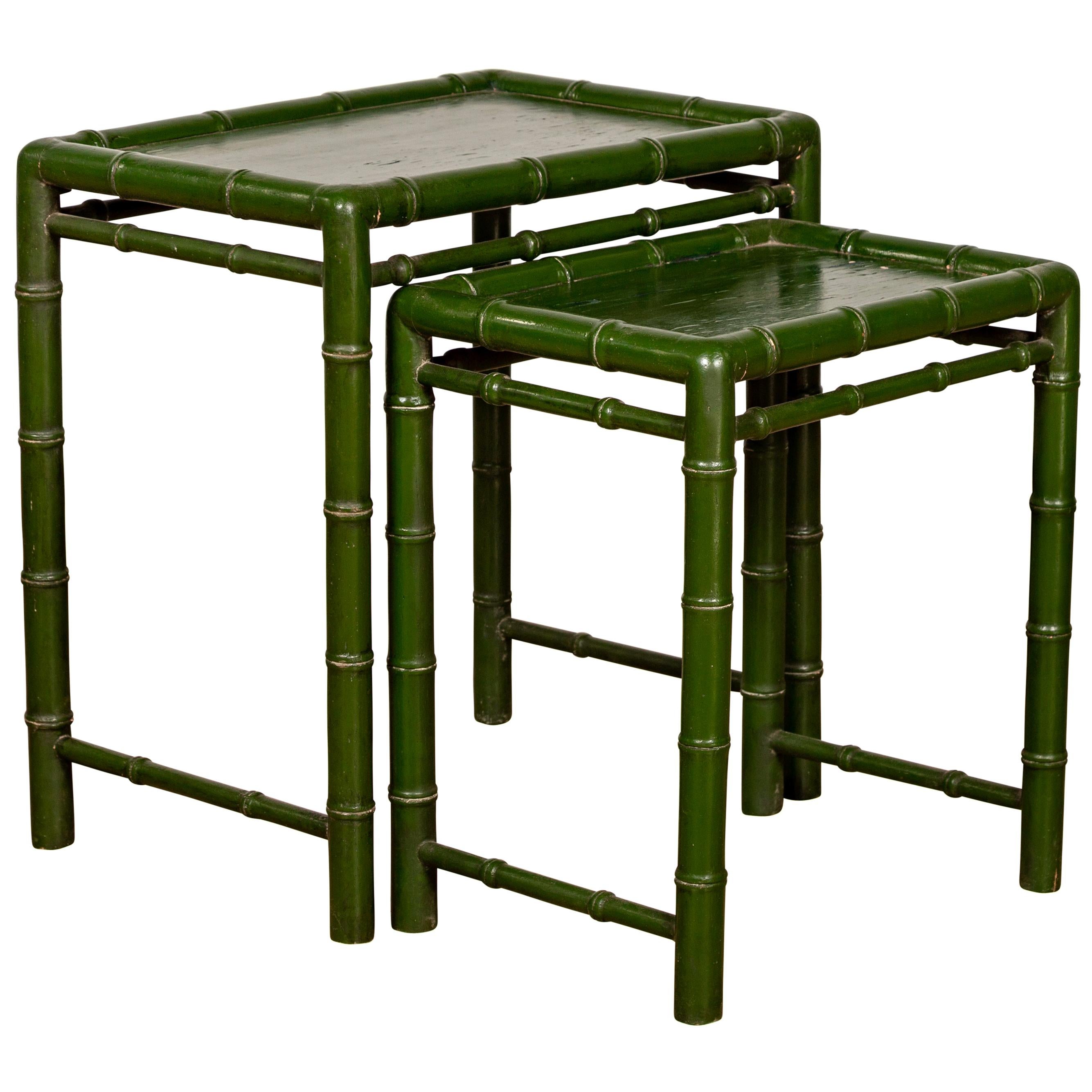 Set of Two Chinese Bamboo Green Lacquered Nesting Tables with Side Stretchers