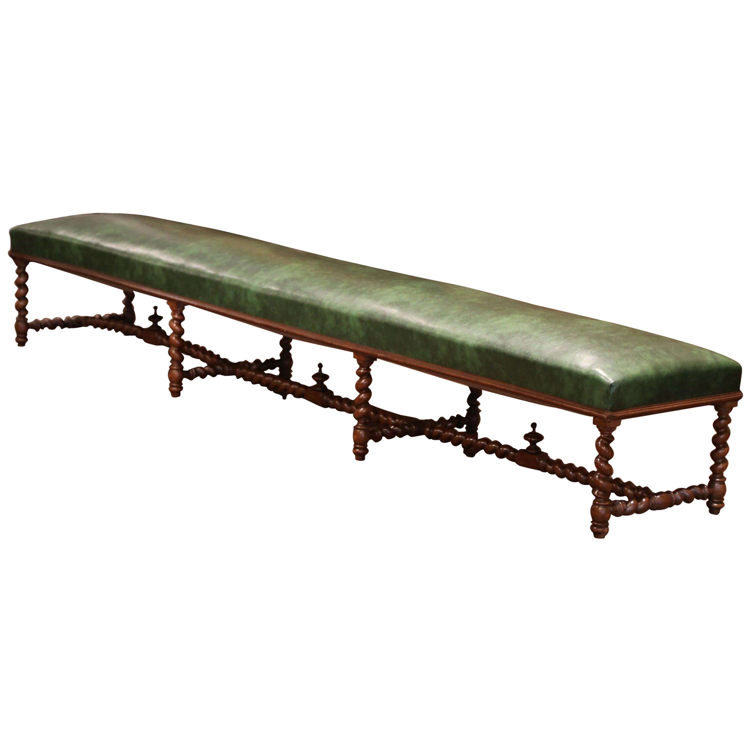 19th Century French Carved Walnut and Leather Eight-Leg Barley Twist Bench