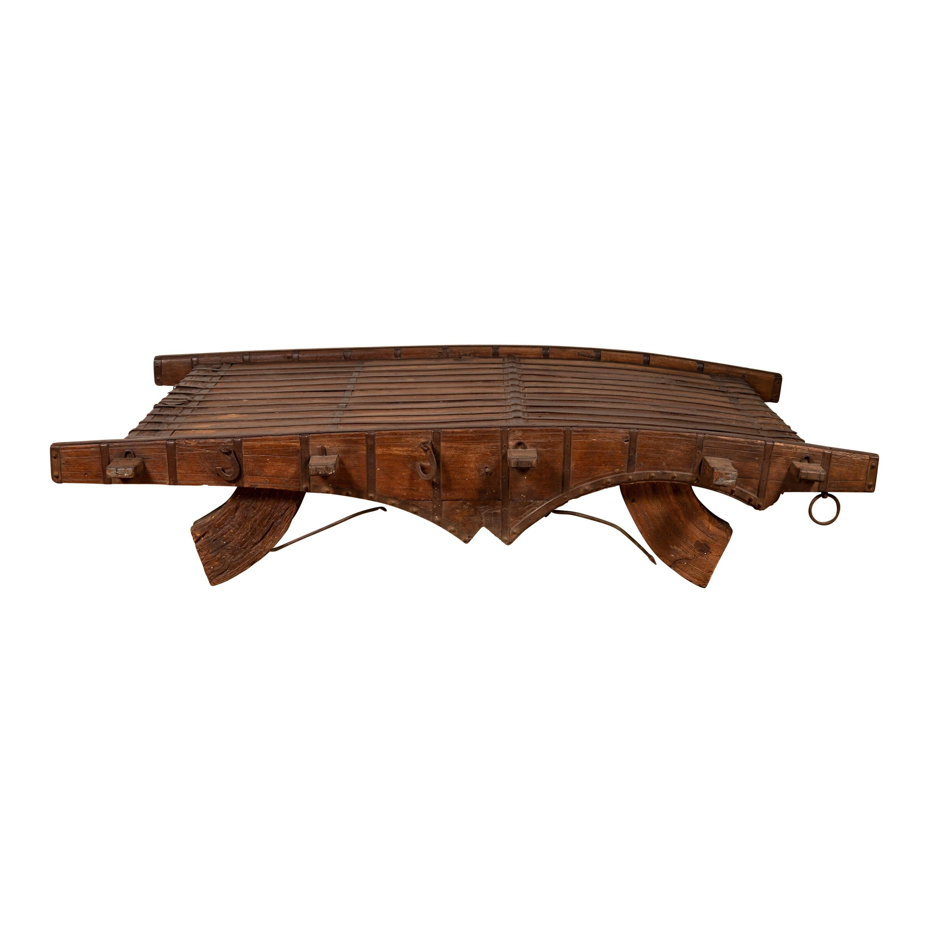 Indian Rustic Antique Wooden Ox Cart with Metal Accents Made into a Coffee Table