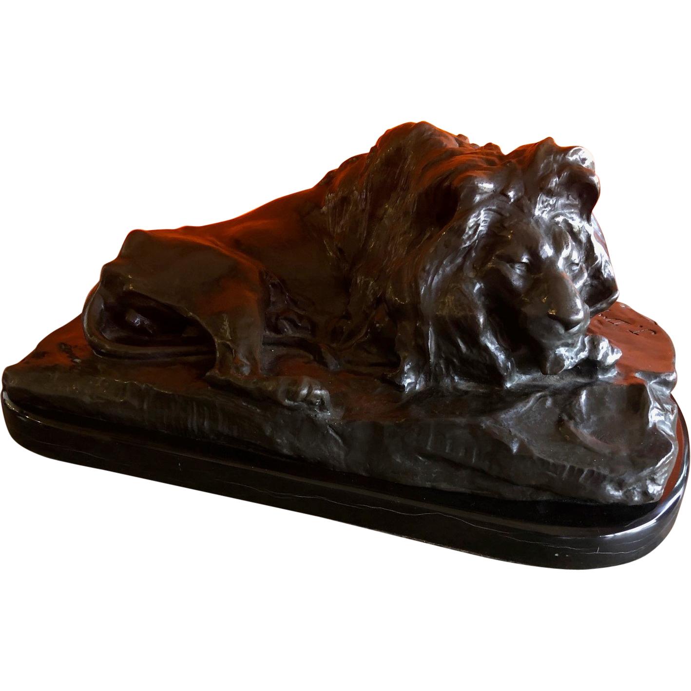 Art Deco "Lion Couche" Bronze on Black Marble Base by Josue Dupon