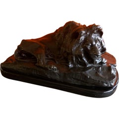 Antique Art Deco "Lion Couche" Bronze on Black Marble Base by Josue Dupon
