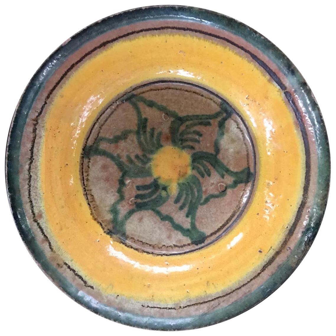 Antique Guatemalan Majolica, Green Flower with Yellow