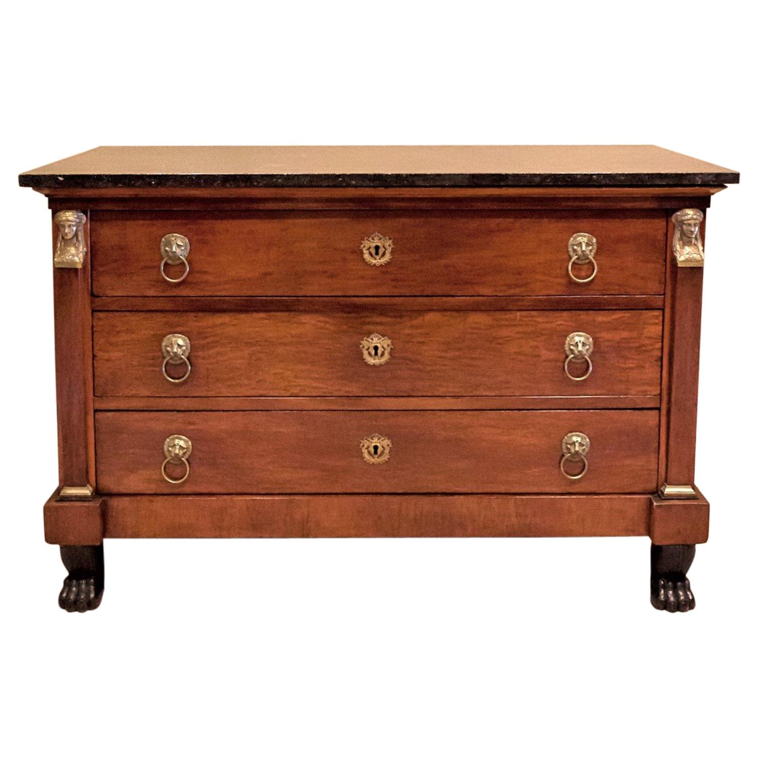Louis Philippe Empire Style Stone Top Three-Drawer Commode, France, circa 1840 For Sale
