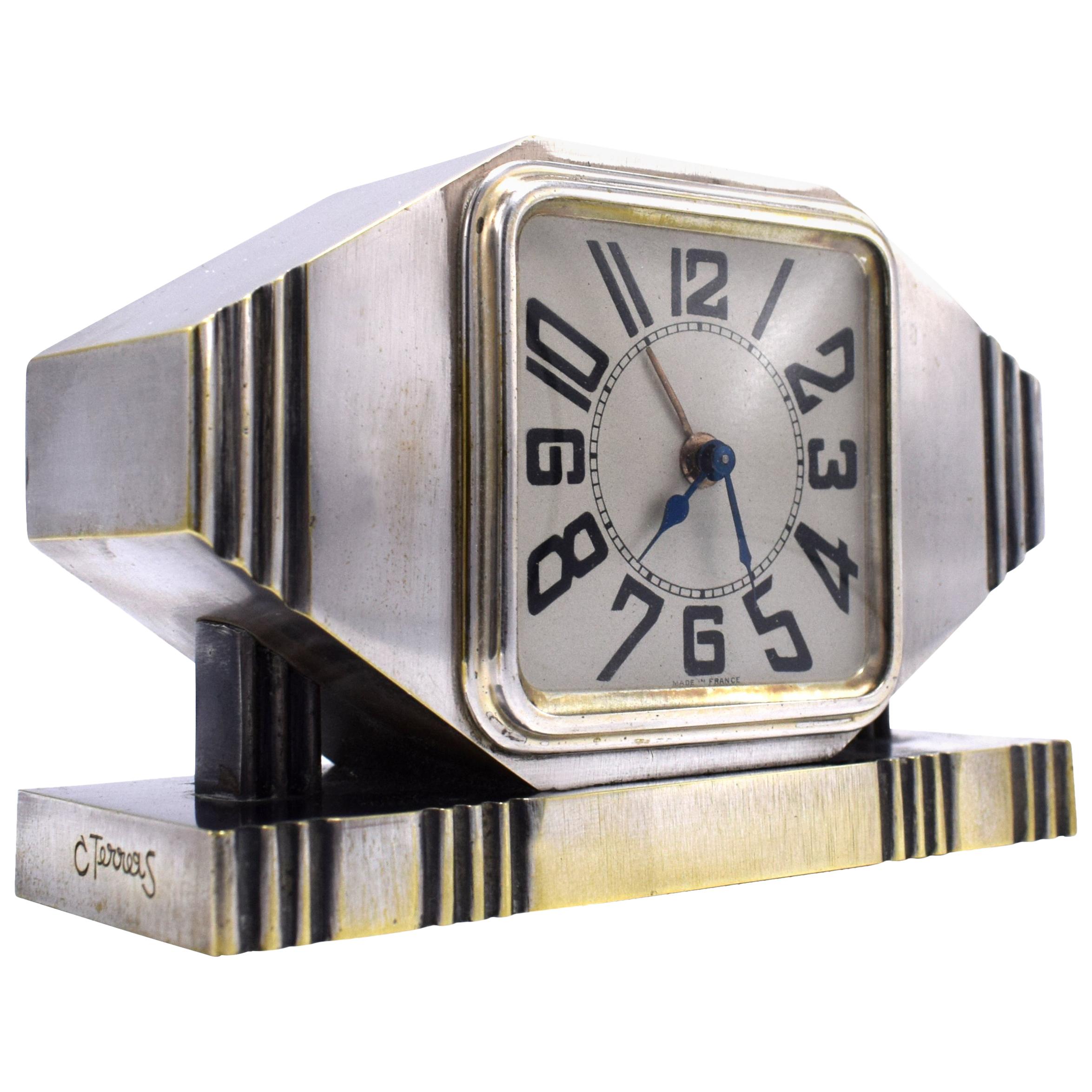 Art Deco Silvered Bronze Machine Age Alarm Clock, circa 1920s