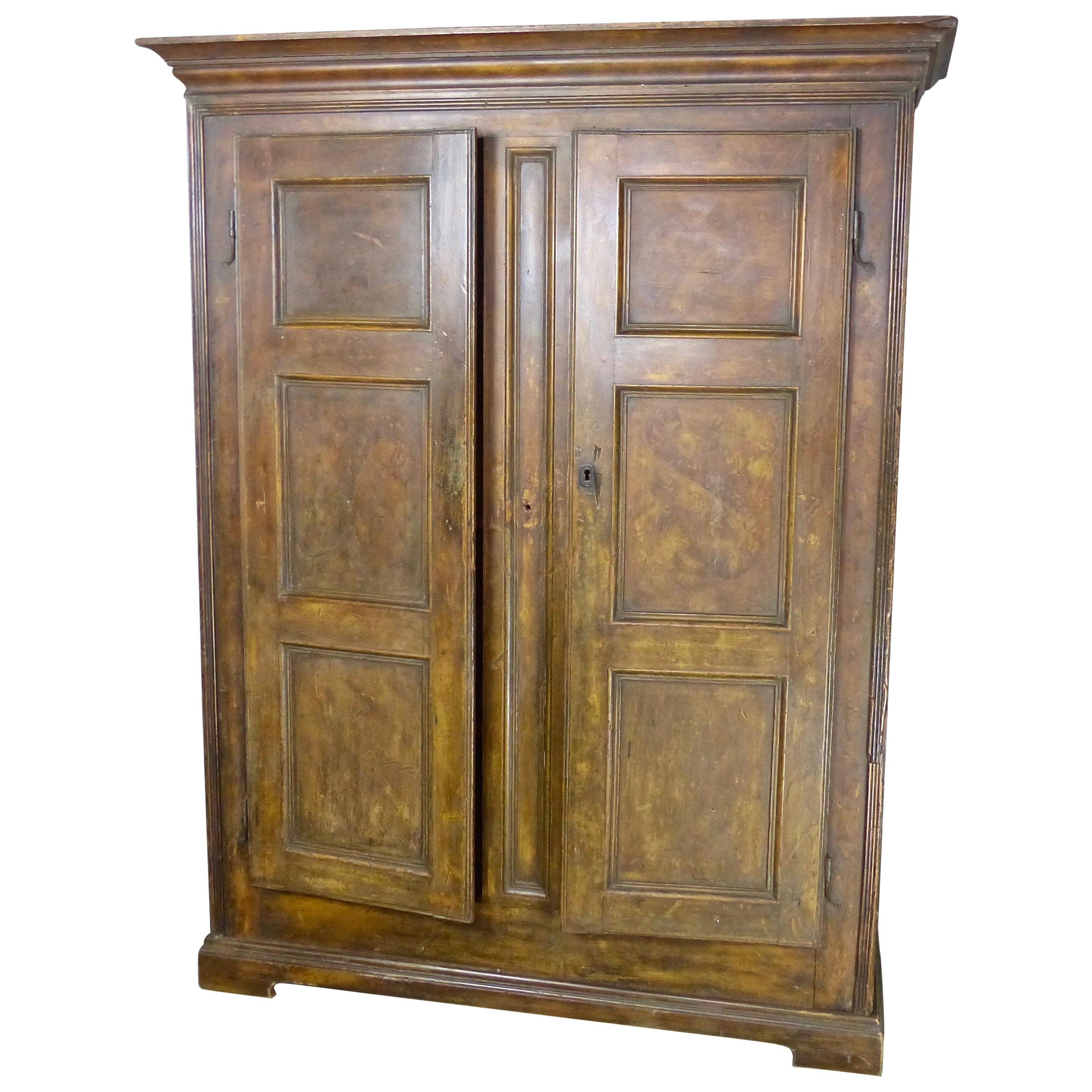 1820 Rat-Tail Quebec Pine Armoire with Hand Painted Burled Oak Faux Finish