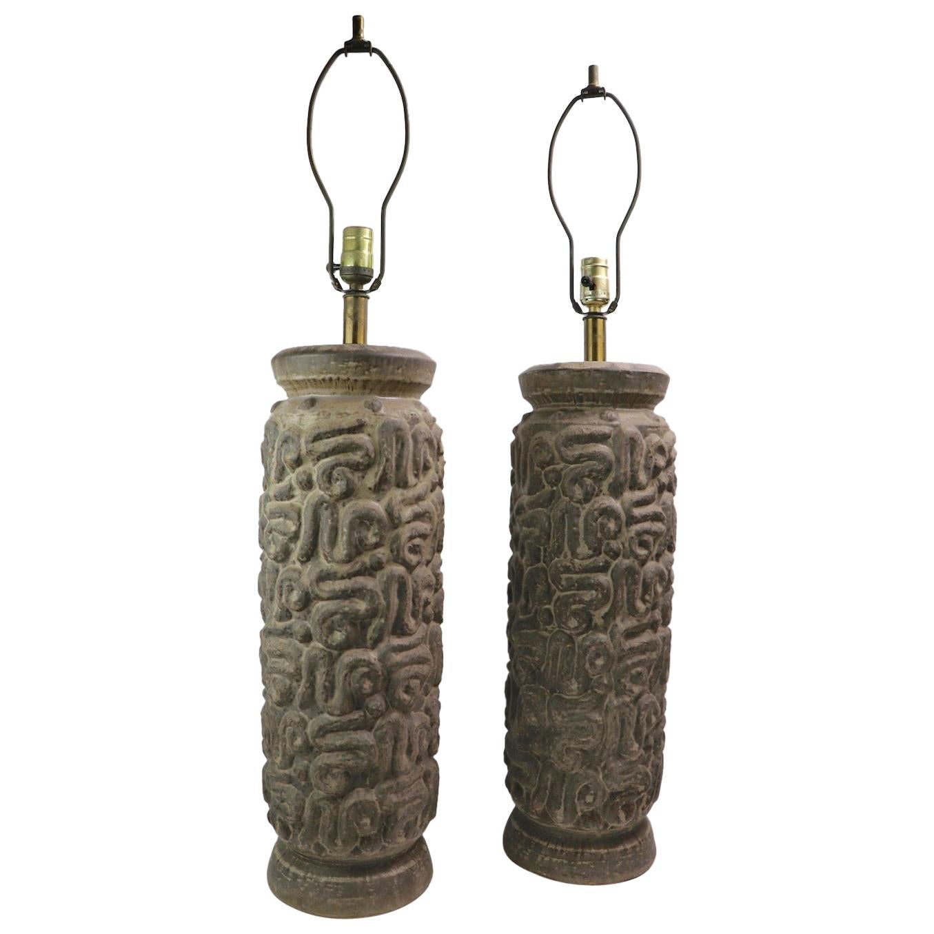 Pair Brutalist Stoneware Table Lamps
