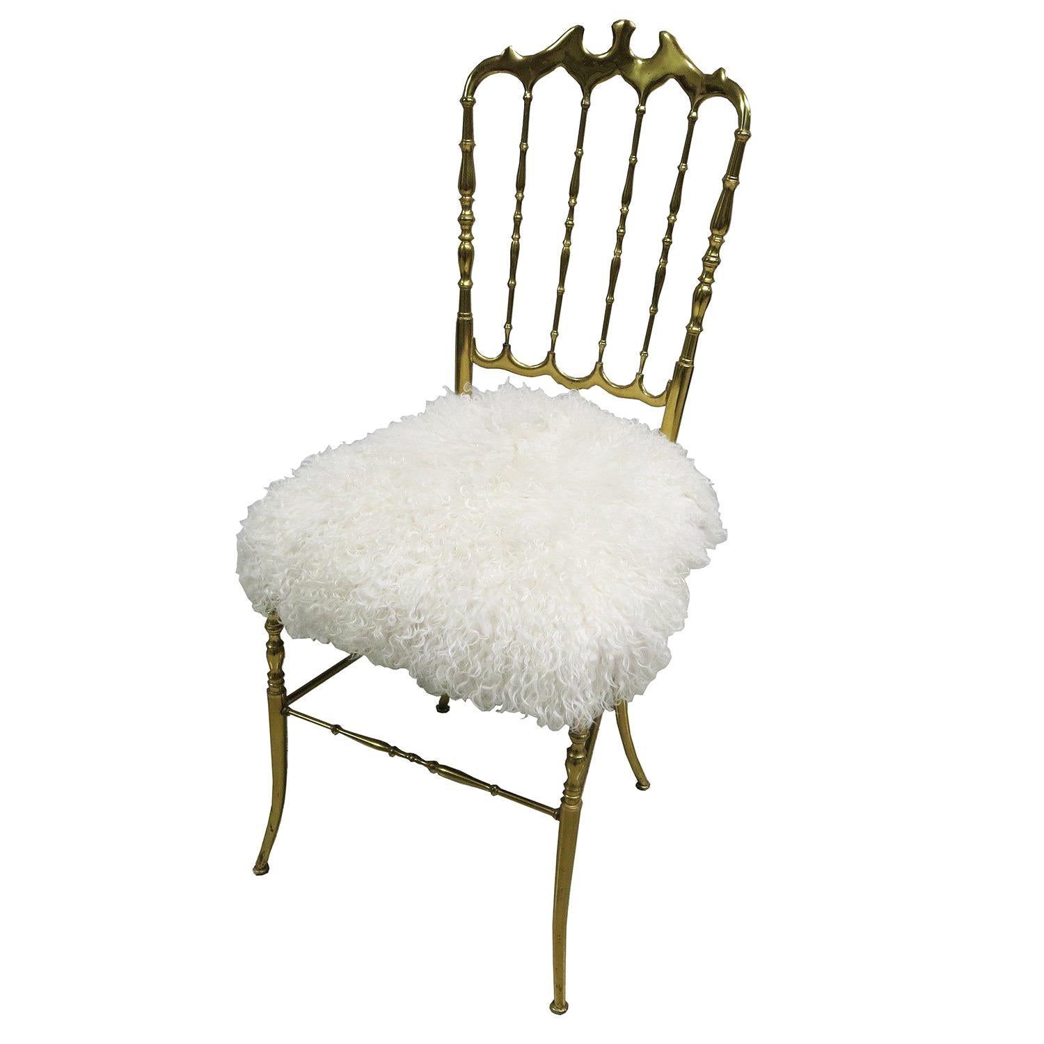 Chiavari Brass Italian 1970s Midcentury Chair in Mongolian Sheeps Fur For Sale