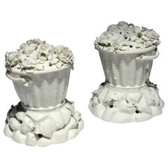 Antique French Porcelain Potpourri Jars & Covers Modelled as Lidded Baskets, St. Cloud