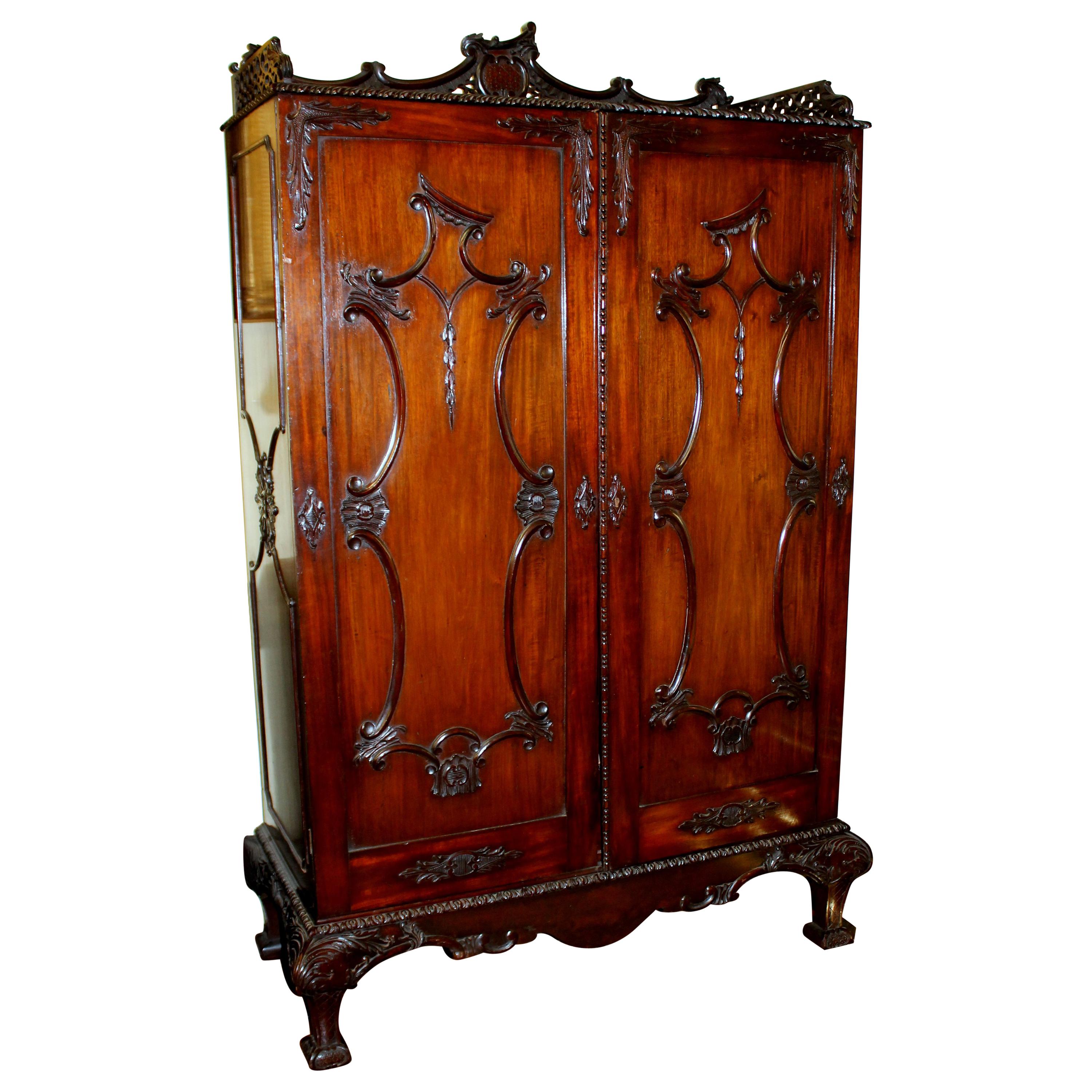 Antique English "Chinese Chippendale" Style Carved Mahogany Two-Door Cupboard