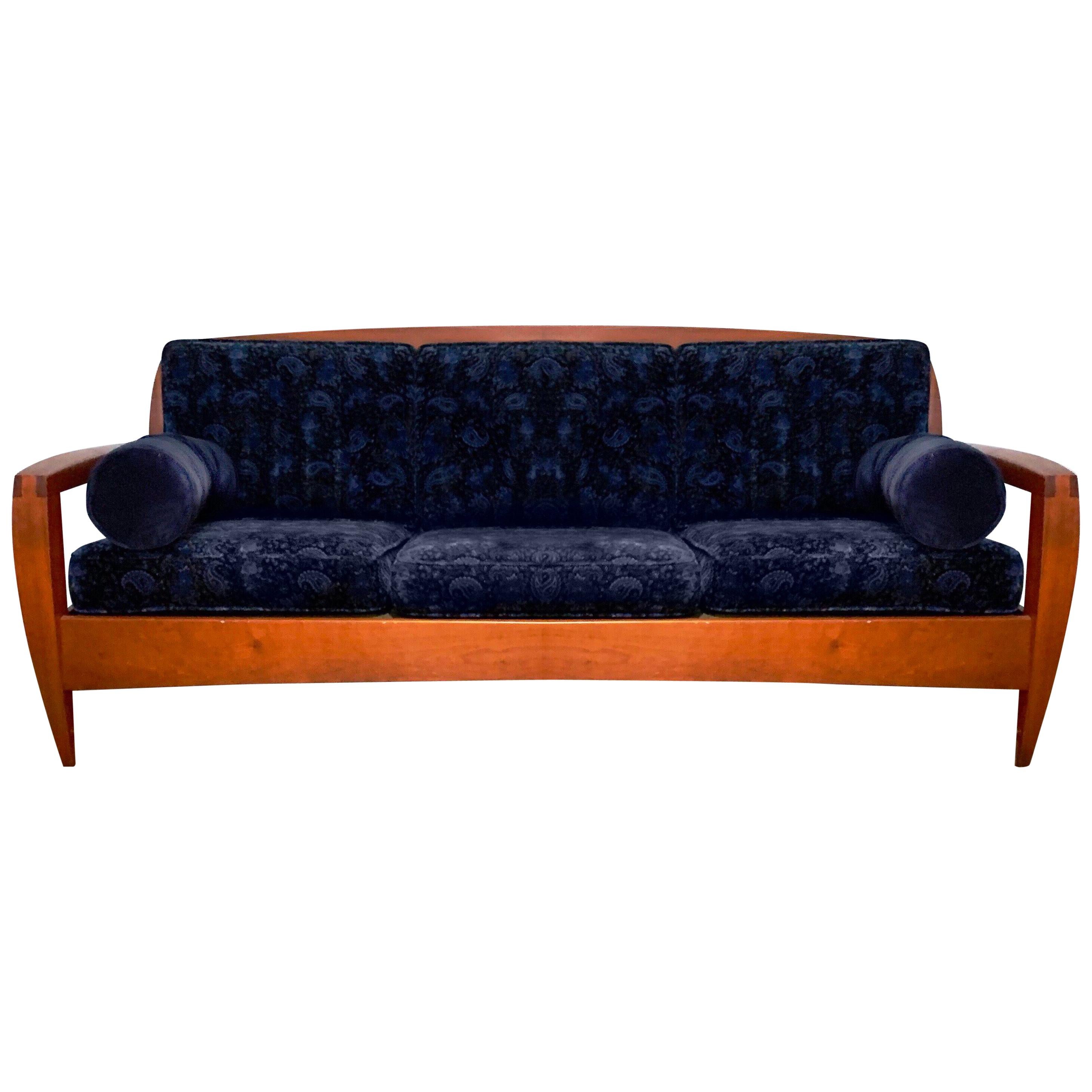 Postmodern Custom Three-Seat Blue Paisley Velvet Cherrywood Studio Sofa, 1990s