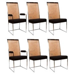 Retro 6 Milo Baughman Chrome & Cane Back Black Velvet Dining Chairs