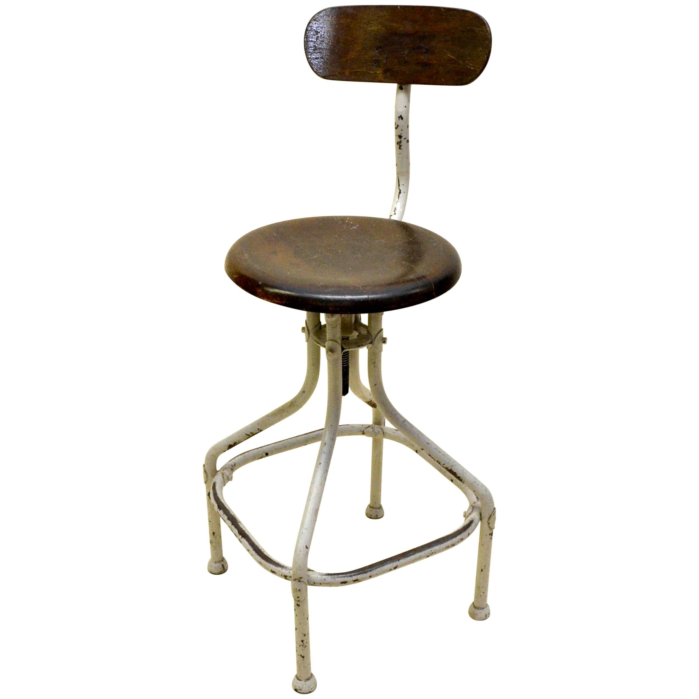 1950s Flambo French Industrial Cream Metal and Wood Work Stool with Chair Back For Sale