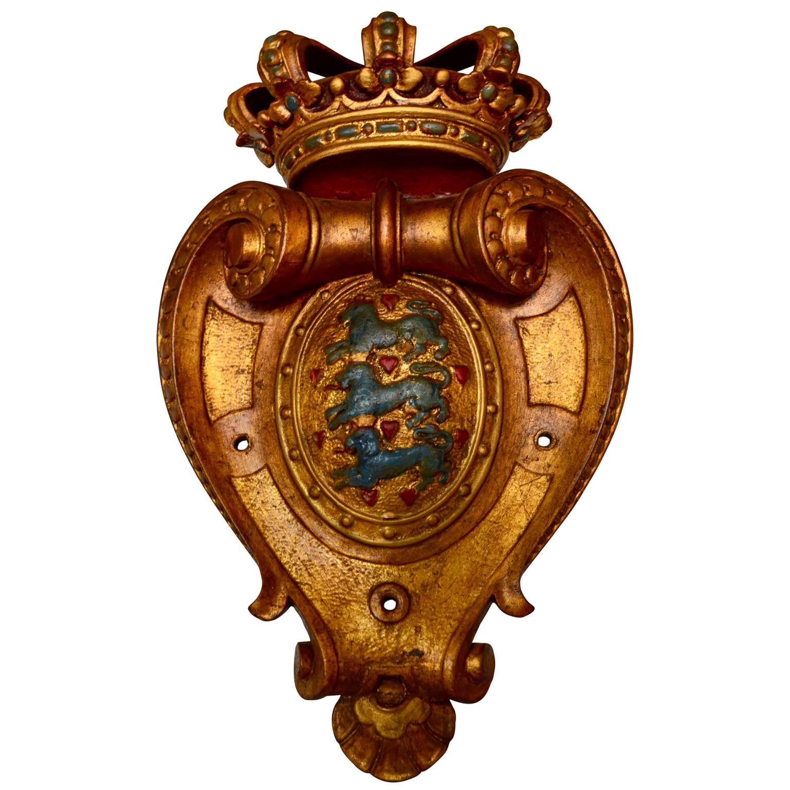 Gilded Wooden Plaque With The Carved Coat of Arms Of Denmark