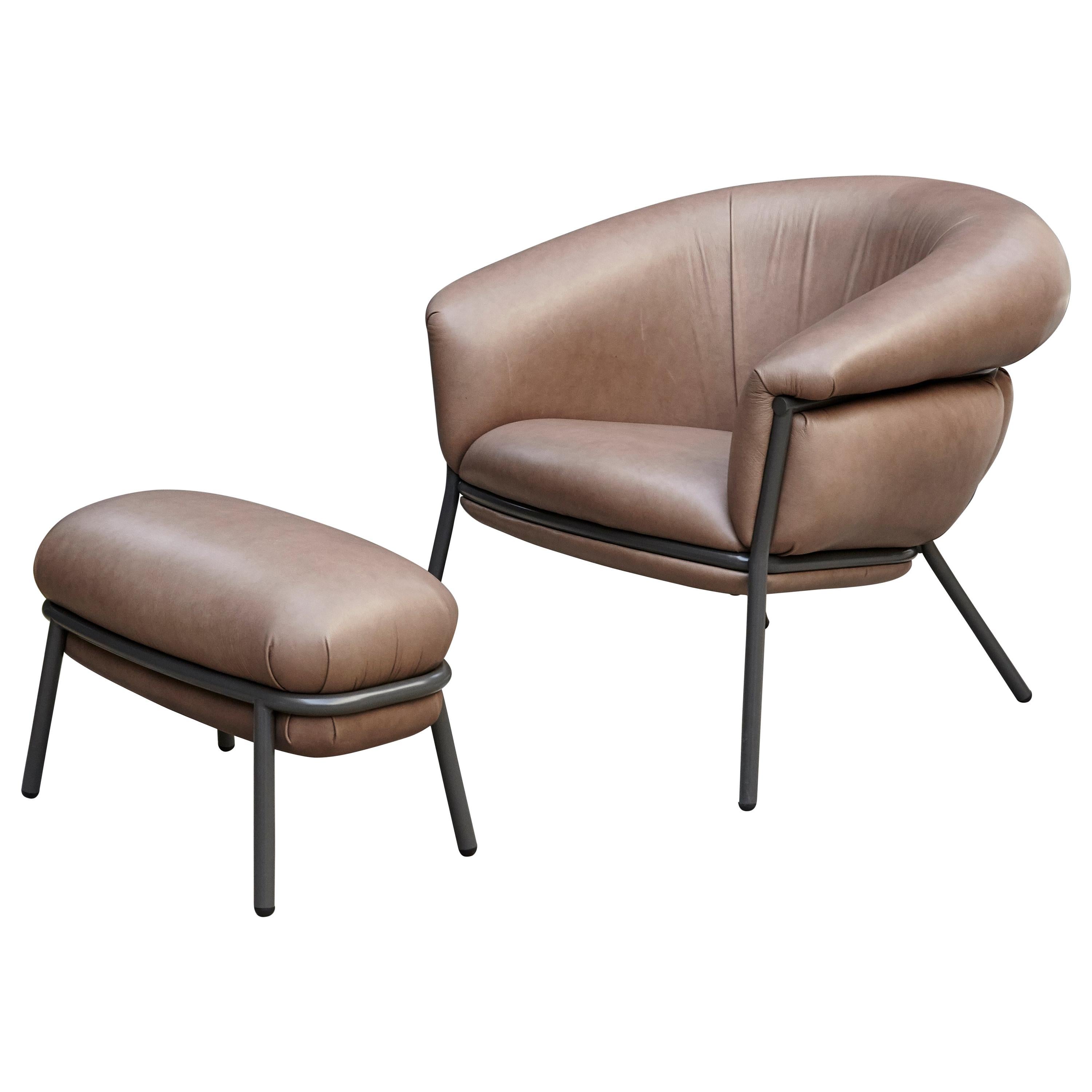 Grasso Brown Leather and Lacquered Metal Armchair for BD by Stephen Burks