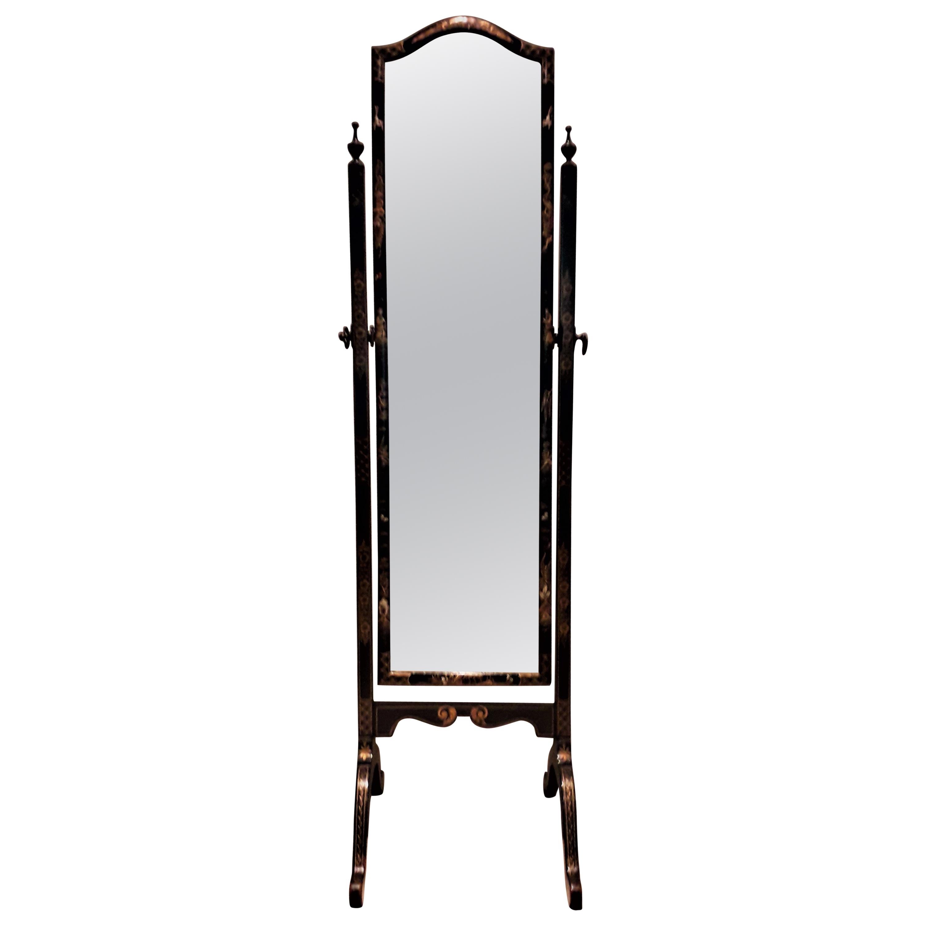 Regency Revival 1920 Mahogany Black Lacquer Chinoiserie Cheval Mirror
