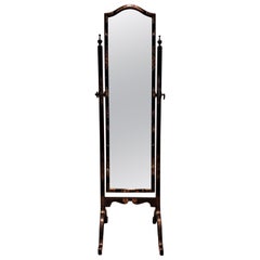 Regency Revival 1920 Mahogany Black Lacquer Chinoiserie Cheval Mirror
