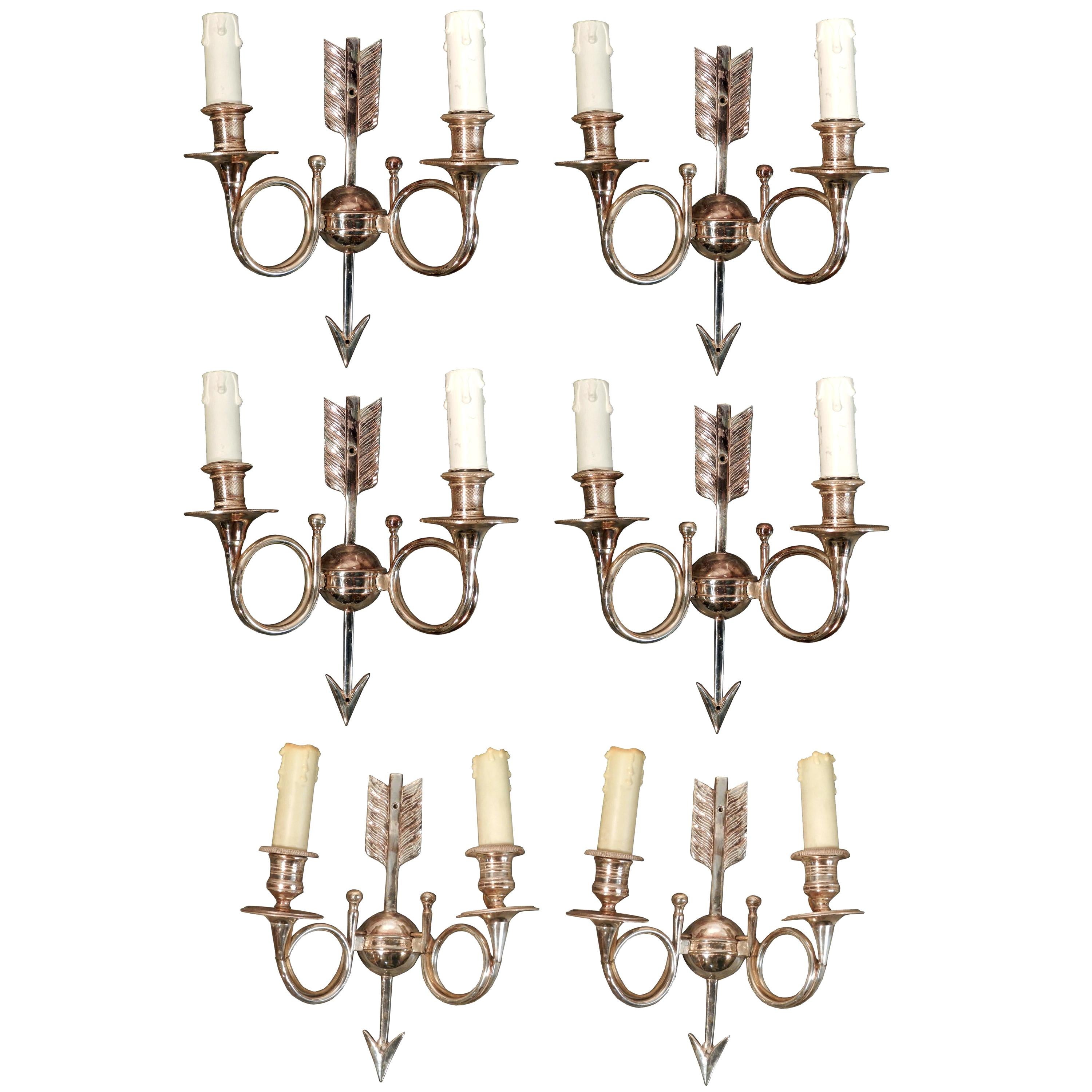 Six Silvered Bronze Sconces with Monogram and Number, circa 1960
