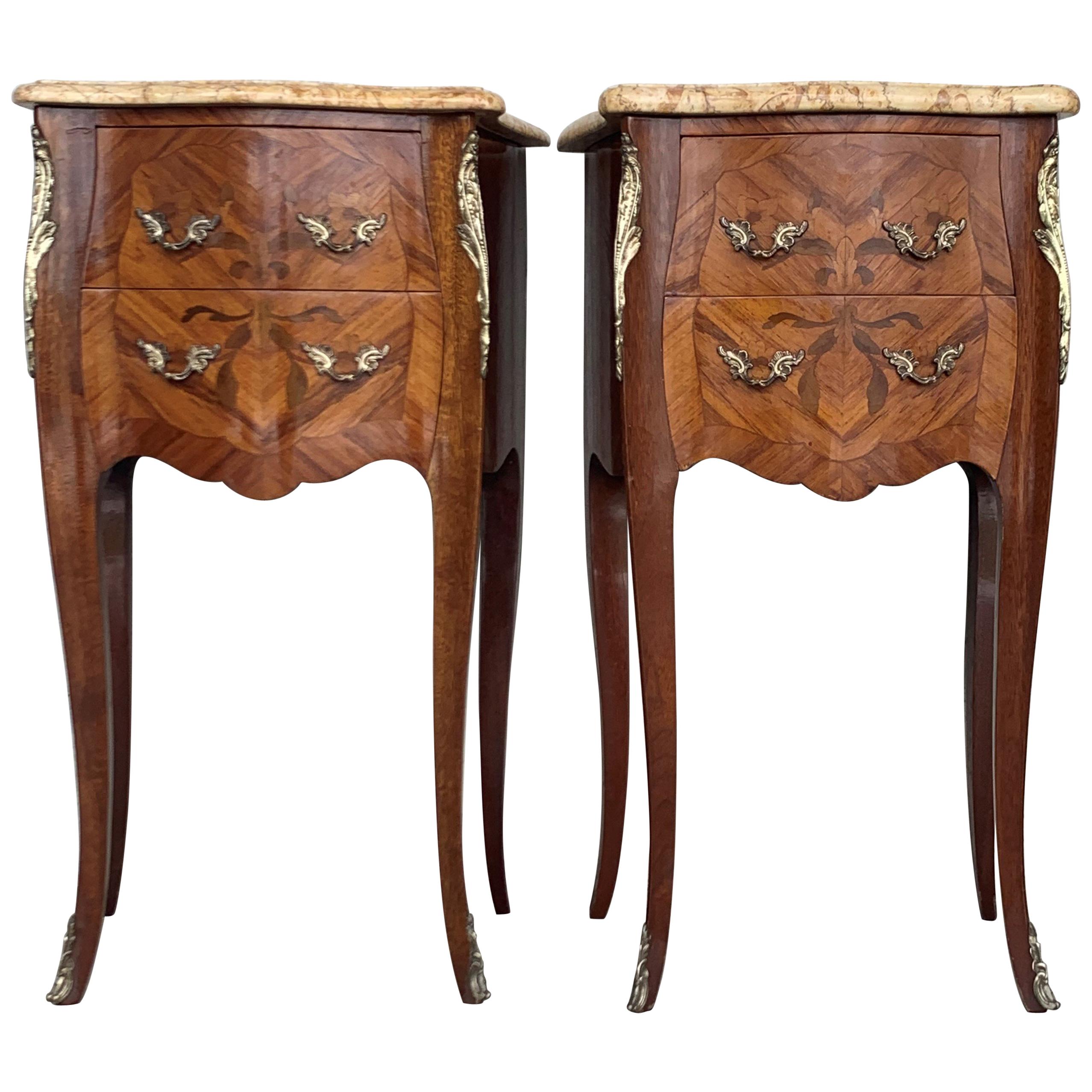 19th Pair of French Marquetry Nightstands with Roses and Marble Tops