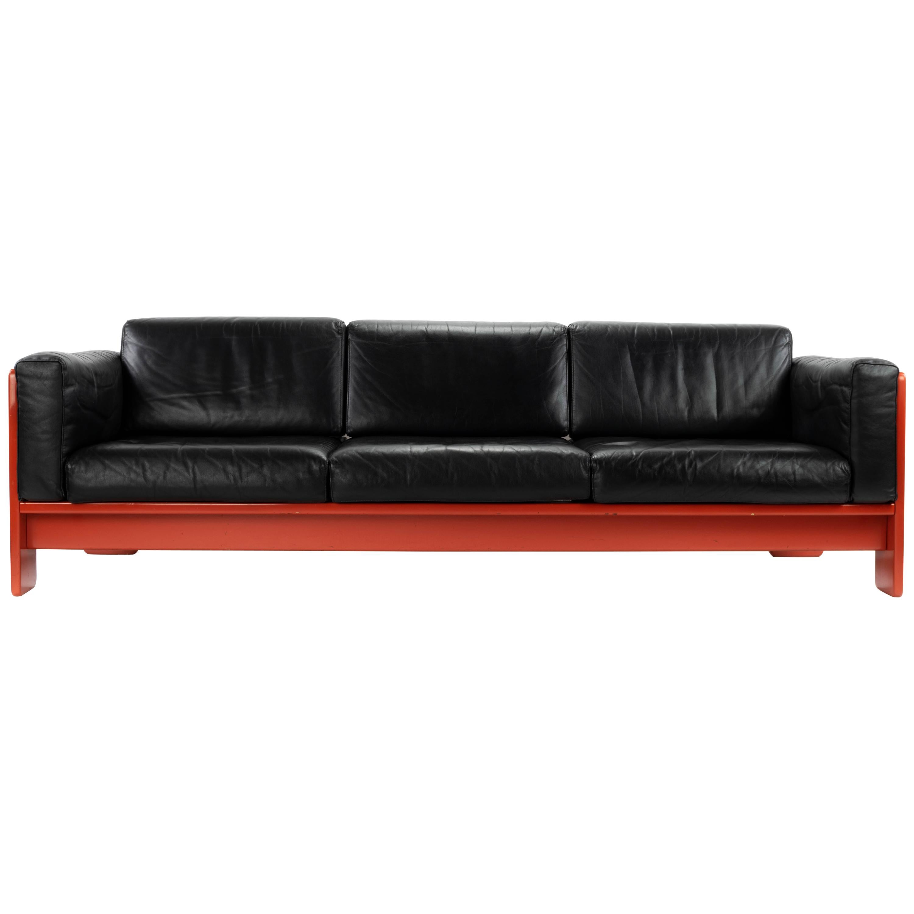 Midcentury Leather and Wood Bastiano Three-Seat Sofa by Afra & Tobia for Gavina