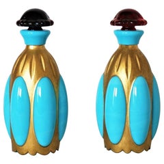 French Art Deco Pair of Turquoise Opaline Glass Perfume Bottles, circa 1930