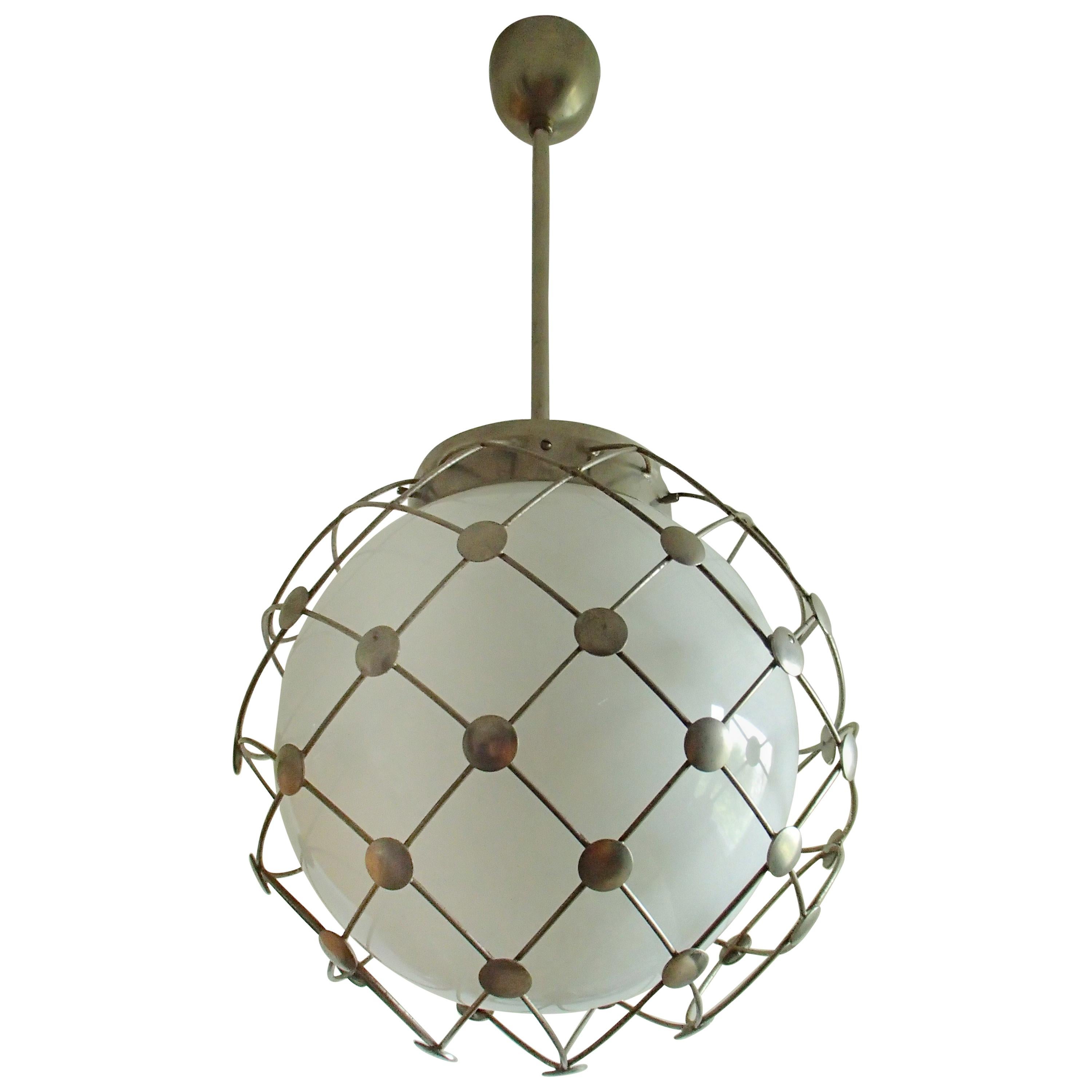 Pair of Bauhaus Chandeliers White Round Opal Glass Covered with Mesh