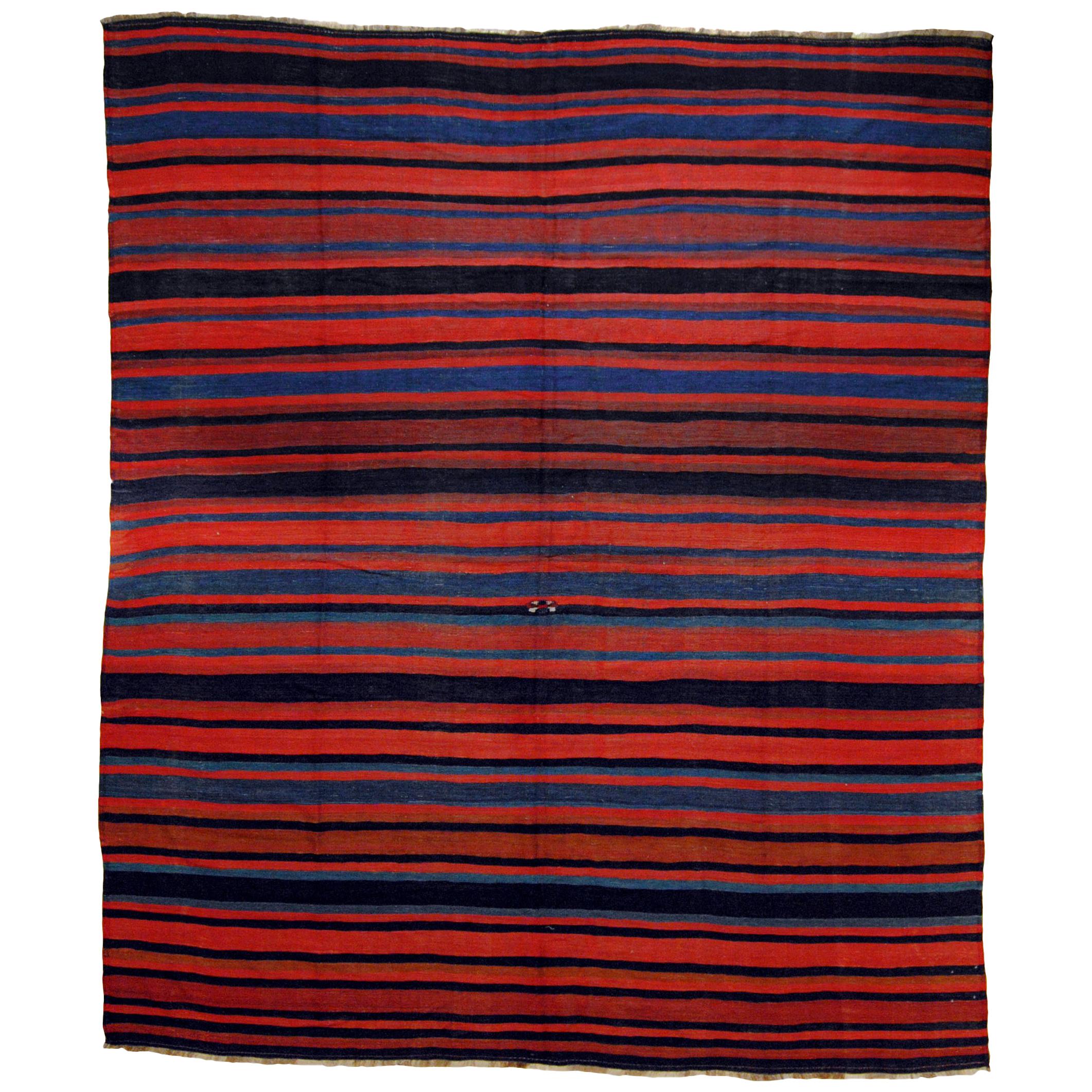 21st Century Red and Blue Nomadic Kurdish Stripes Kilim Rug in Wool, circa 1900s
