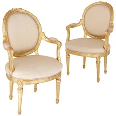 Antique Two Louis XVI Style Giltwood Upholstered Fauteuil Armchairs