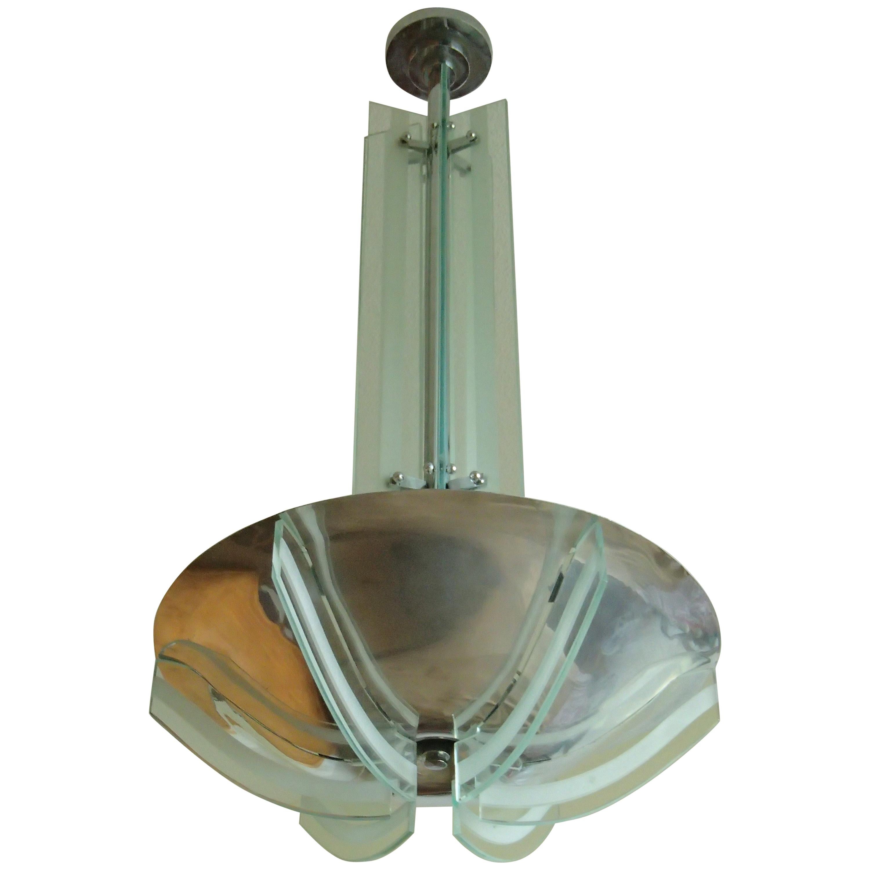 Art Deco Chandelier Chrome and Frosted Glass