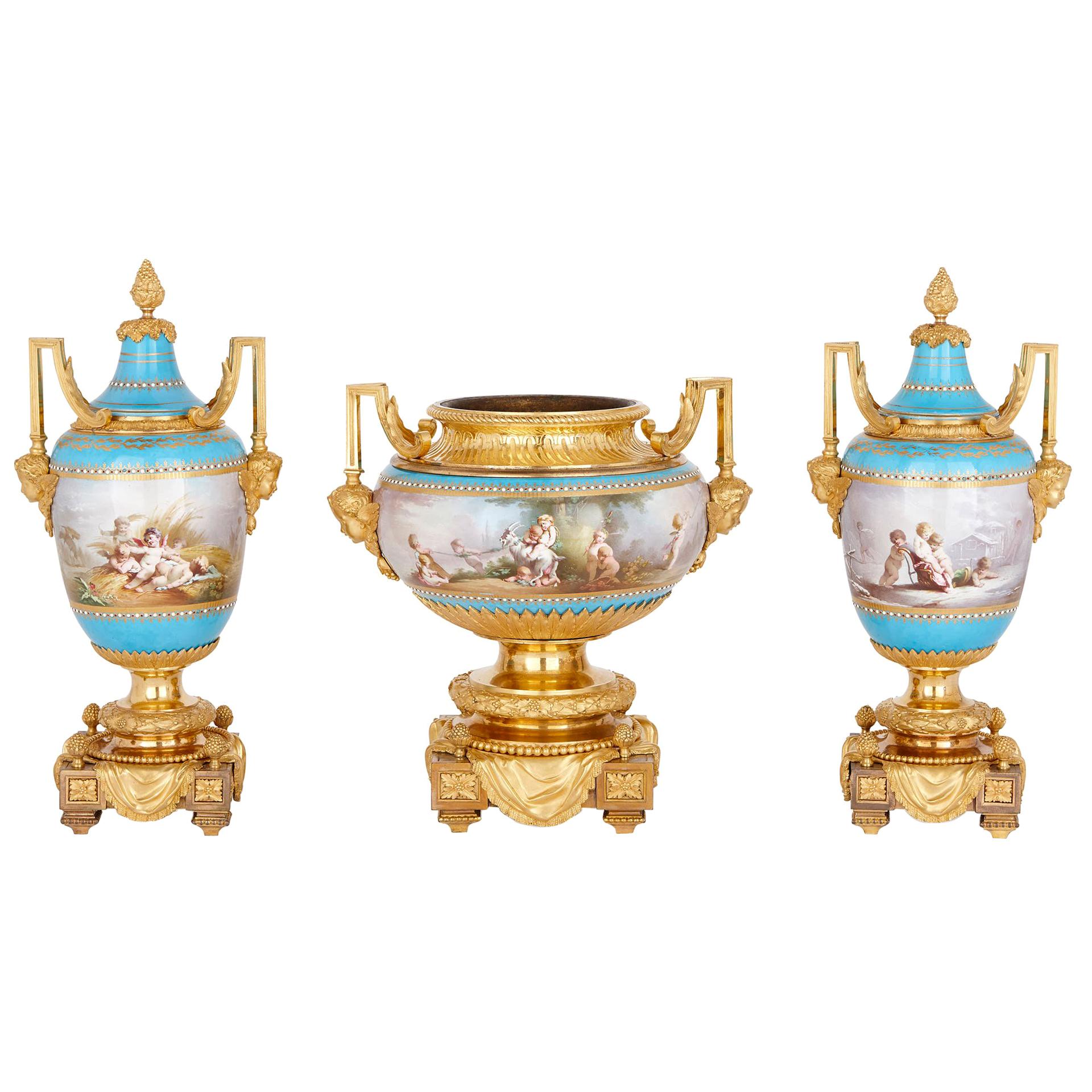 Sèvres Porcelain Garniture, Mounted in Gilt Bronze by Picard For Sale