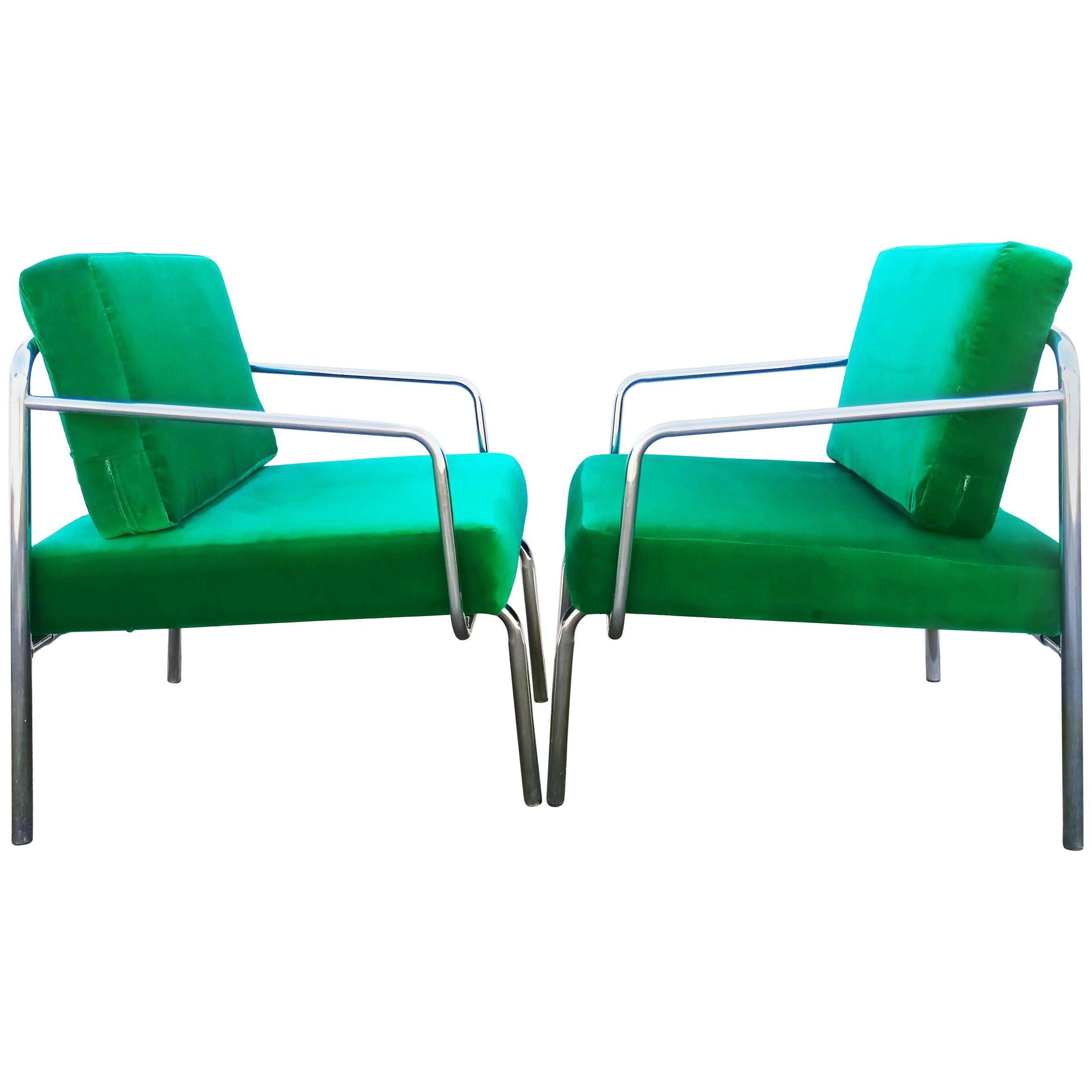 Rare Pair of 1970s Green Velvet Armchairs Bauhaus