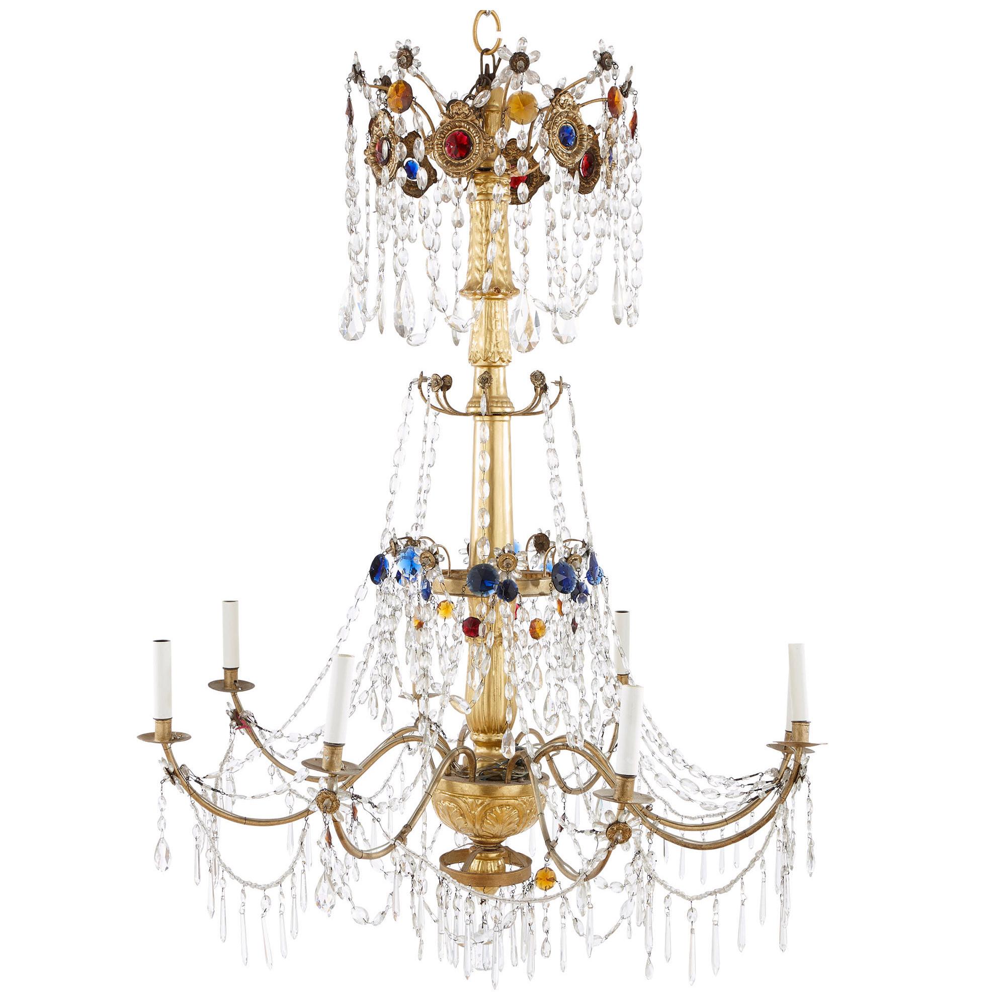 Lustre du XIXe siècle en bois doré, laiton et verre taillé multicolore