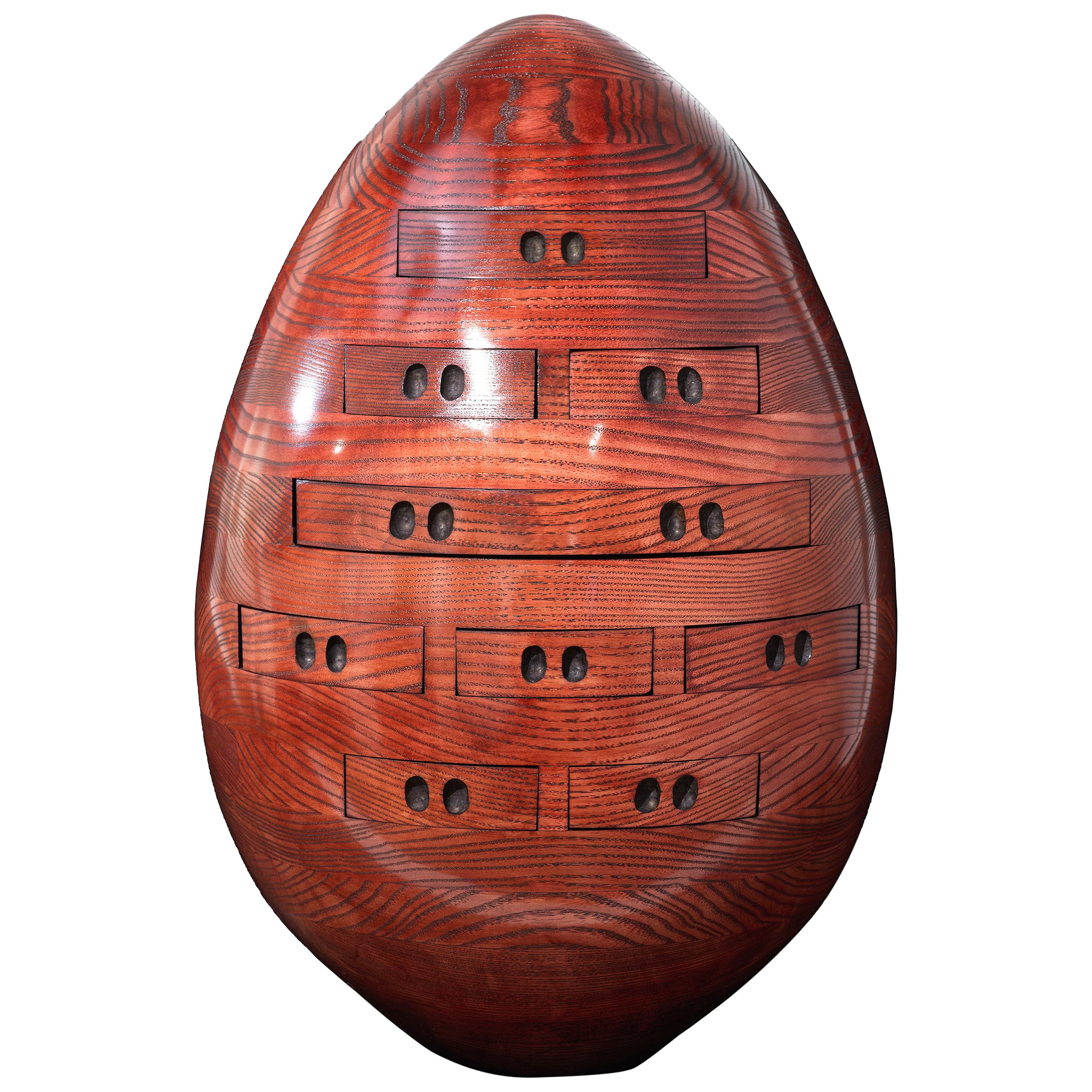 Red Egg, Multi Drawer Mini Chest, Hand Carved Wood Sculpture by Steve Turner