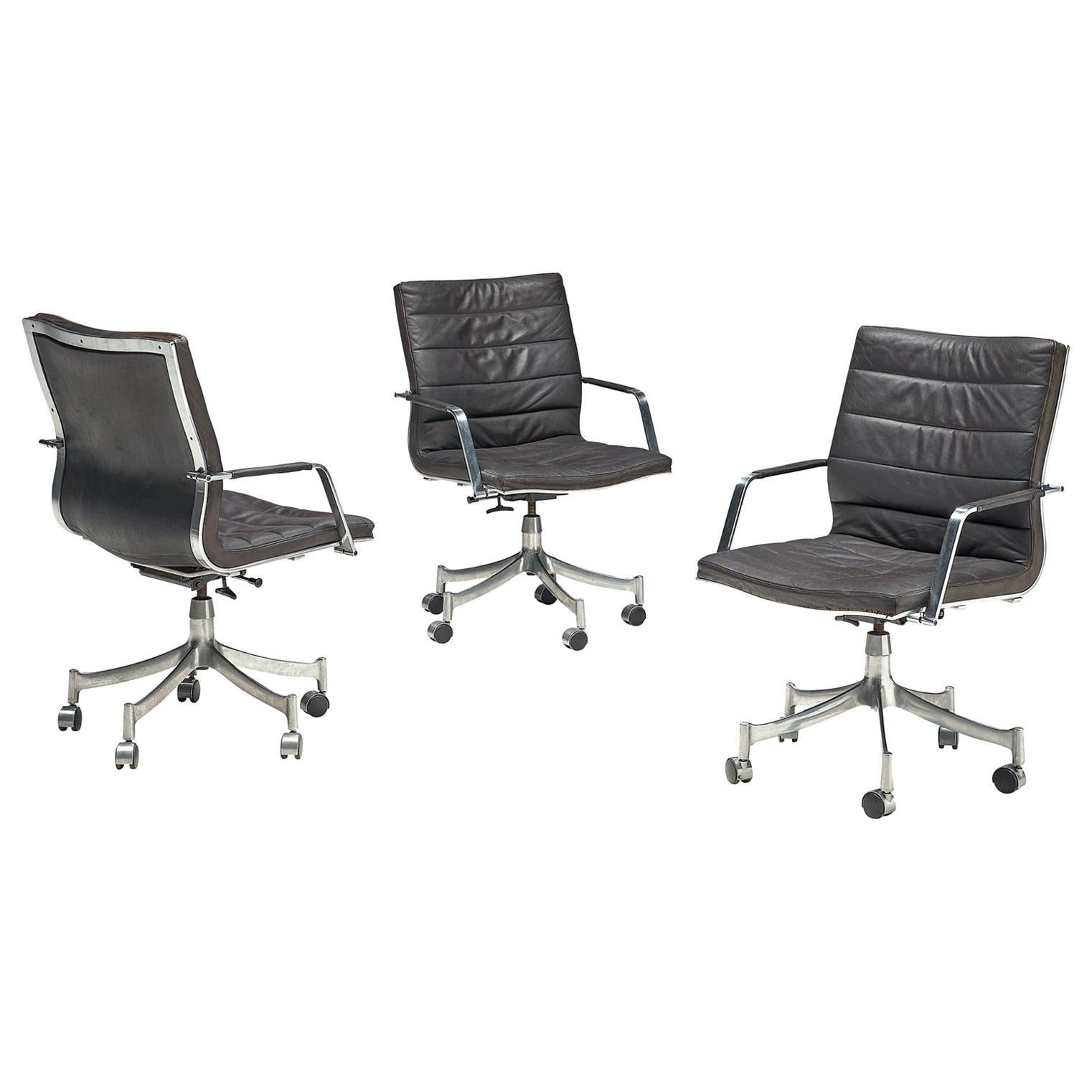 Jørgen Lund & Ole Larsen Set of Three Office Chairs in Dark Brown Leather