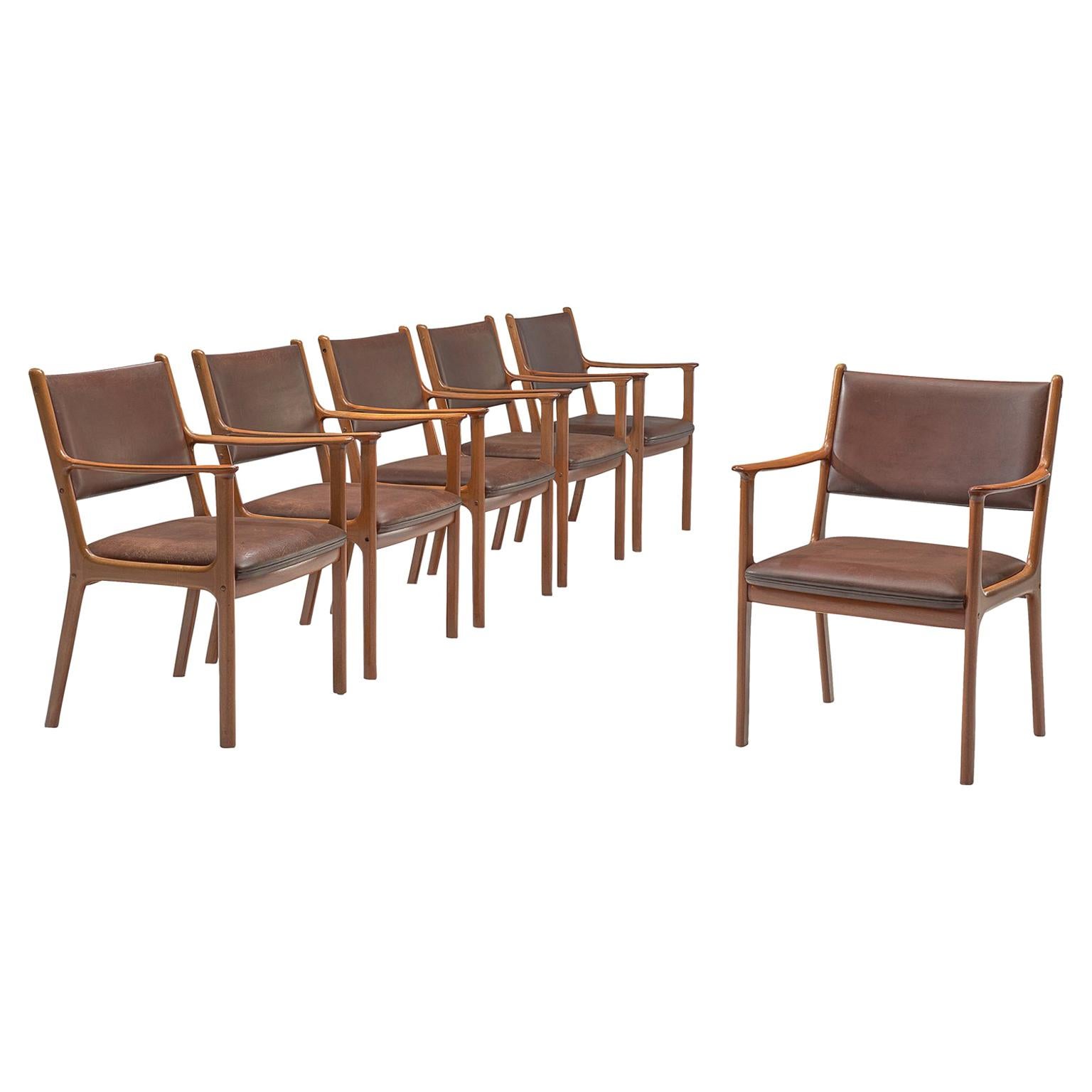Ole Wanscher Set of Six 'PJ412' Armchairs in Teak and Brown Leather