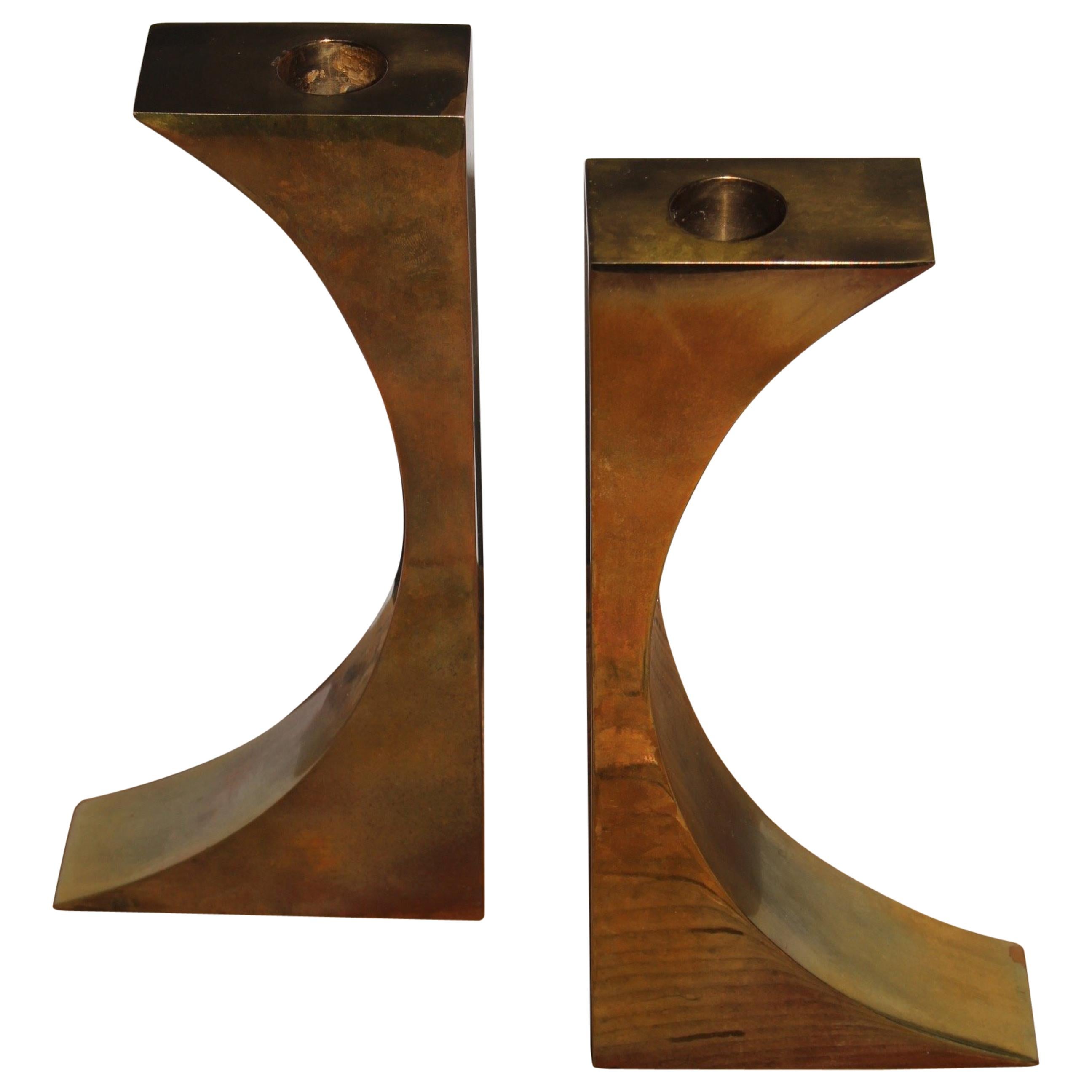 Pair of Solid Monique Gerber Patinated Bronze Candleholders