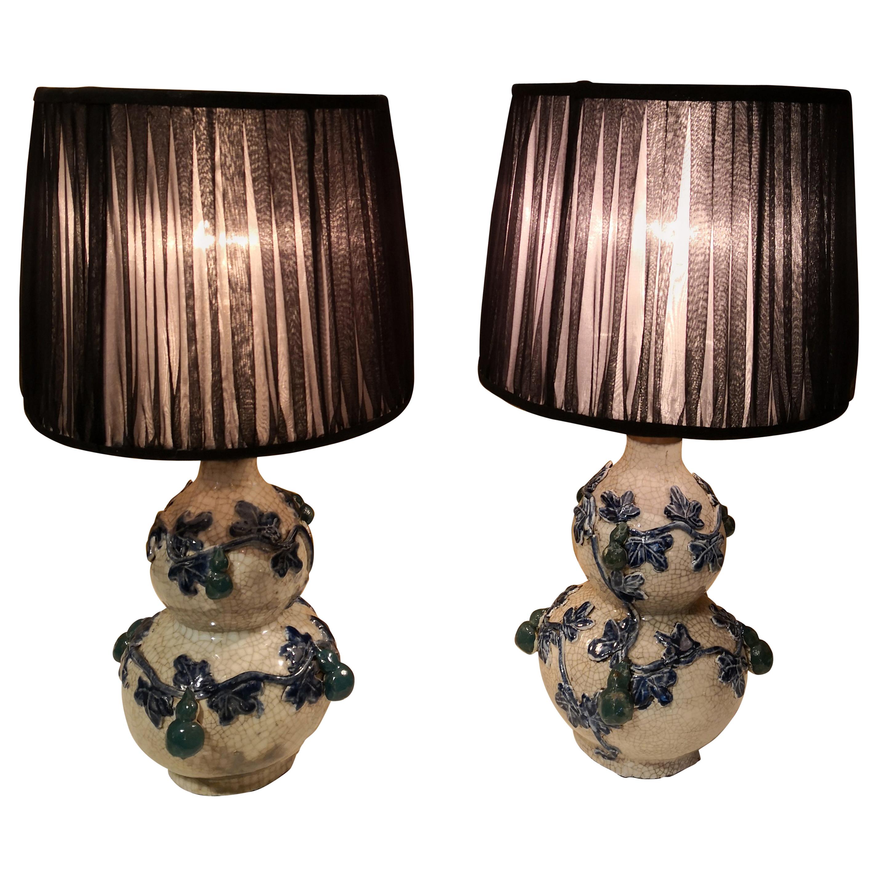 19th Century Chinoiserie Pair of Table Lamps with Organza Shades