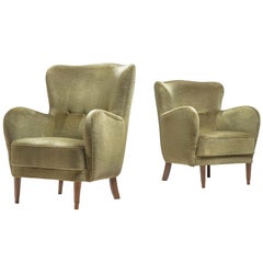 Danish Cabinetmaker Pair of Lounge Chairs in Olive Green