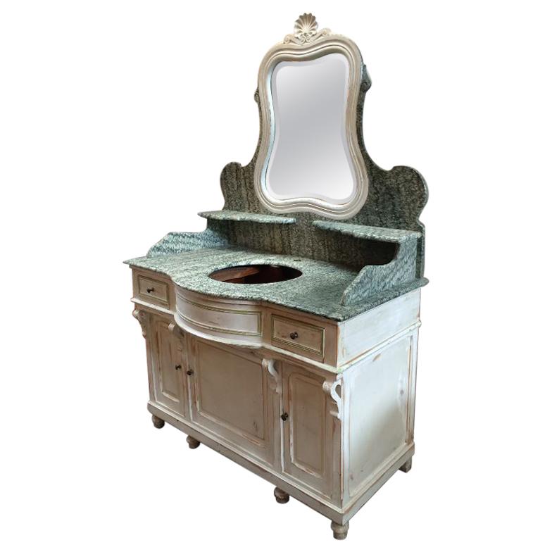 19th Century French Hand-Painted Cupboard Sink with Mirror and Marble Top. 1890s For Sale