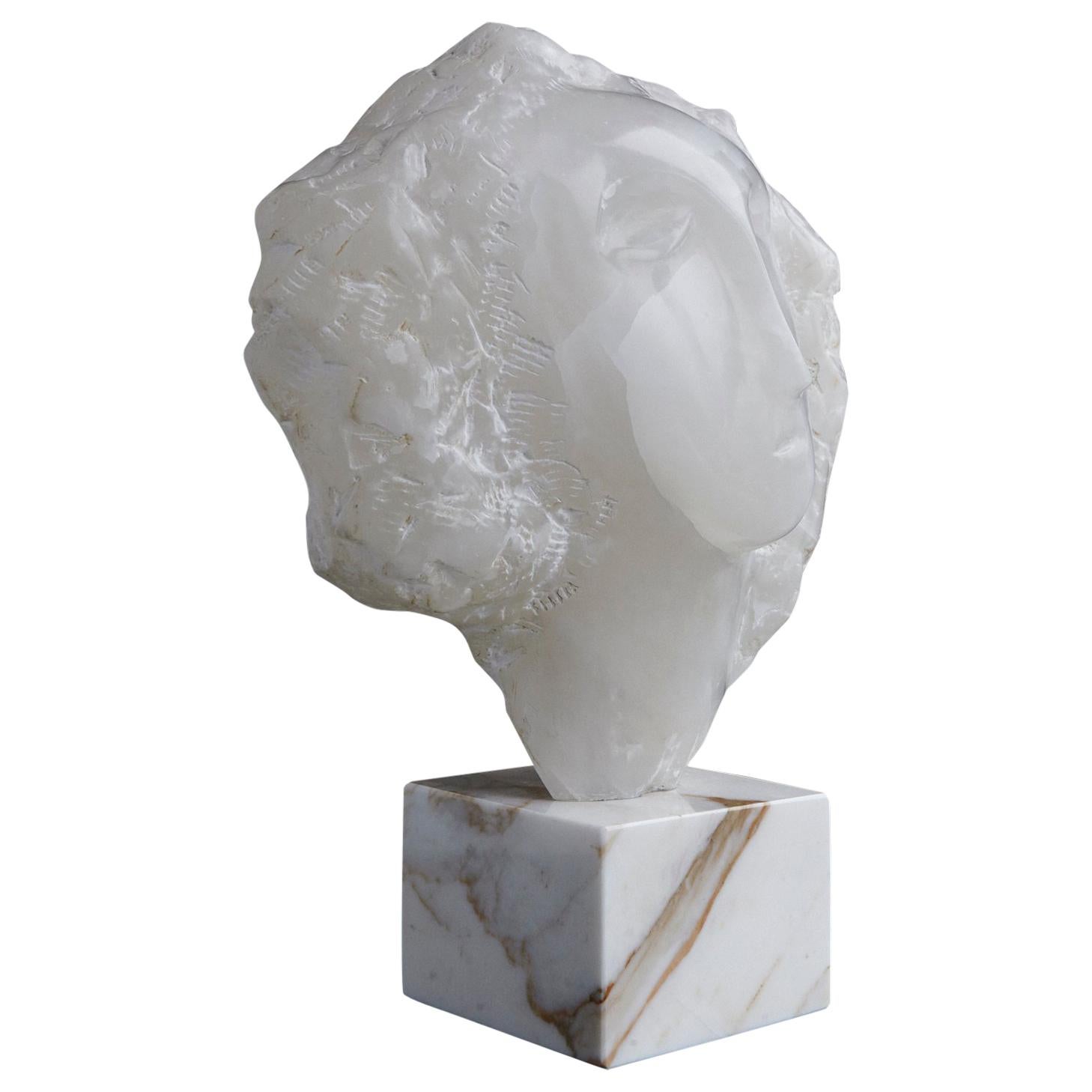 Modern White Onyx Sculpture of a Woman's Face on Marble Base, Unsigned For Sale