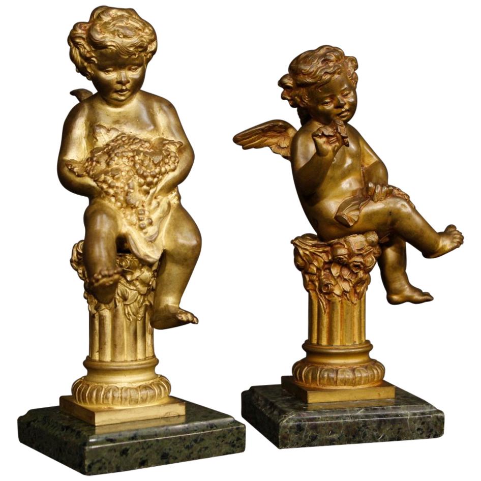 19th Century Gilt and Chiselled Bronze Pair of Italian Angels Sculptures, 1890