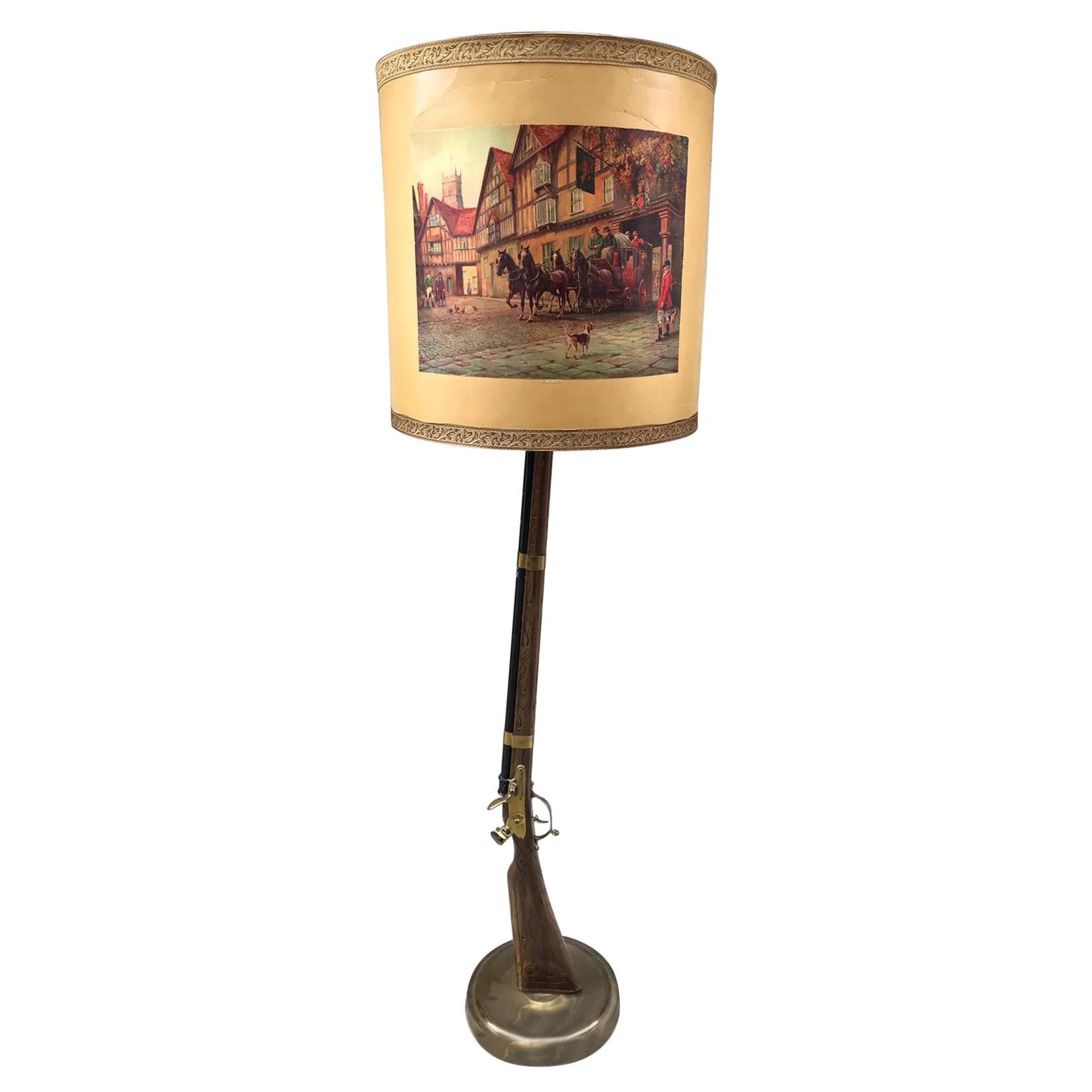 Floor Lamp Depicting a Rifle with a Midcentury Printed Lampshade For Sale