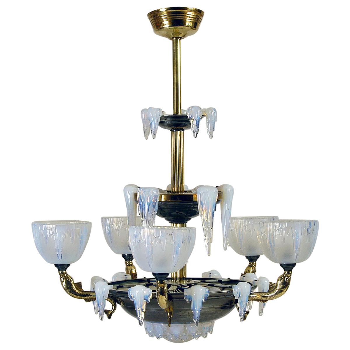 1930s French Art Deco Opalescent Ezan Glass ‘Icicle’ Chandelier by Henri Petitot