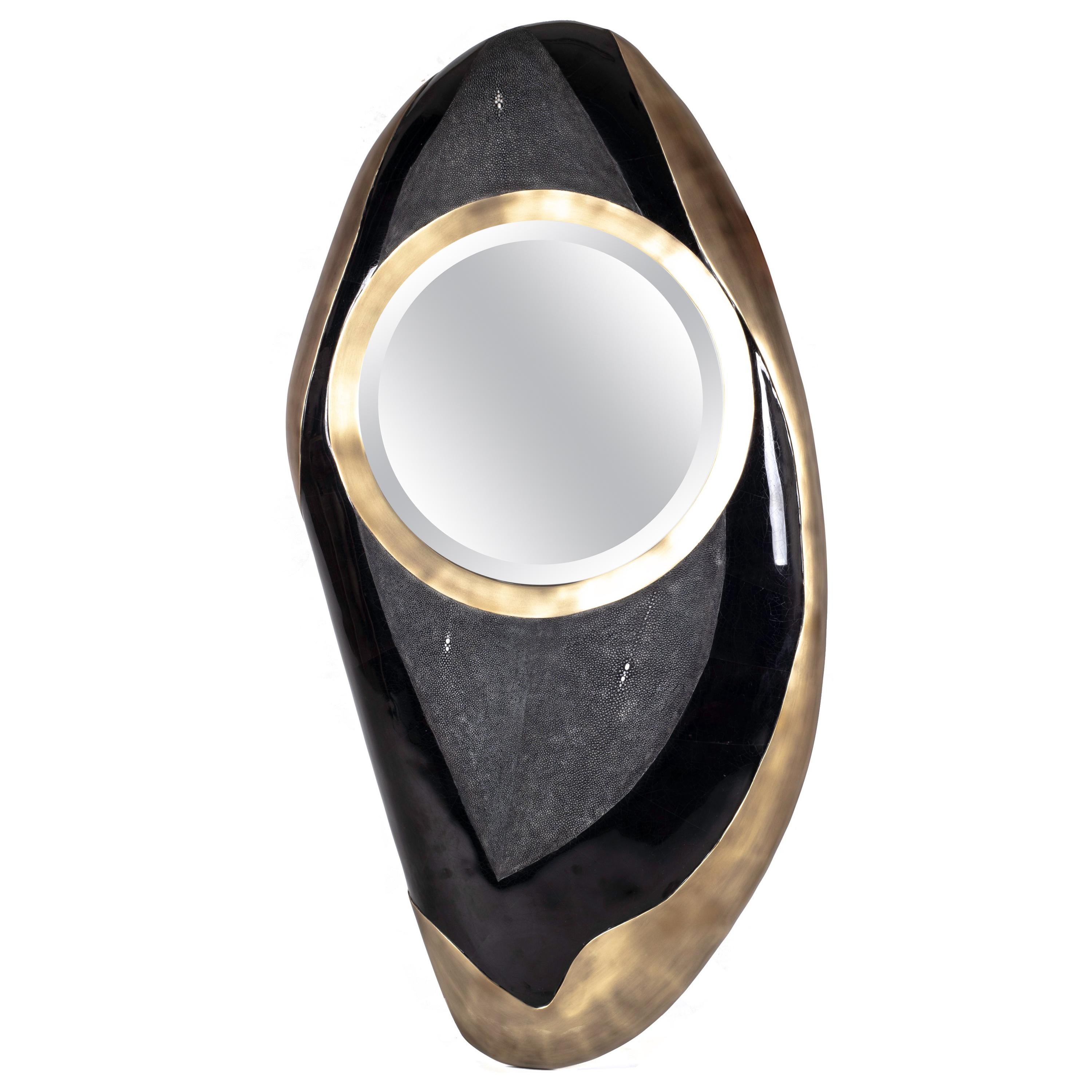 Chital Mirror in Shagreen, Black Shell & Bronze-Patina Brass by Kifu Paris For Sale